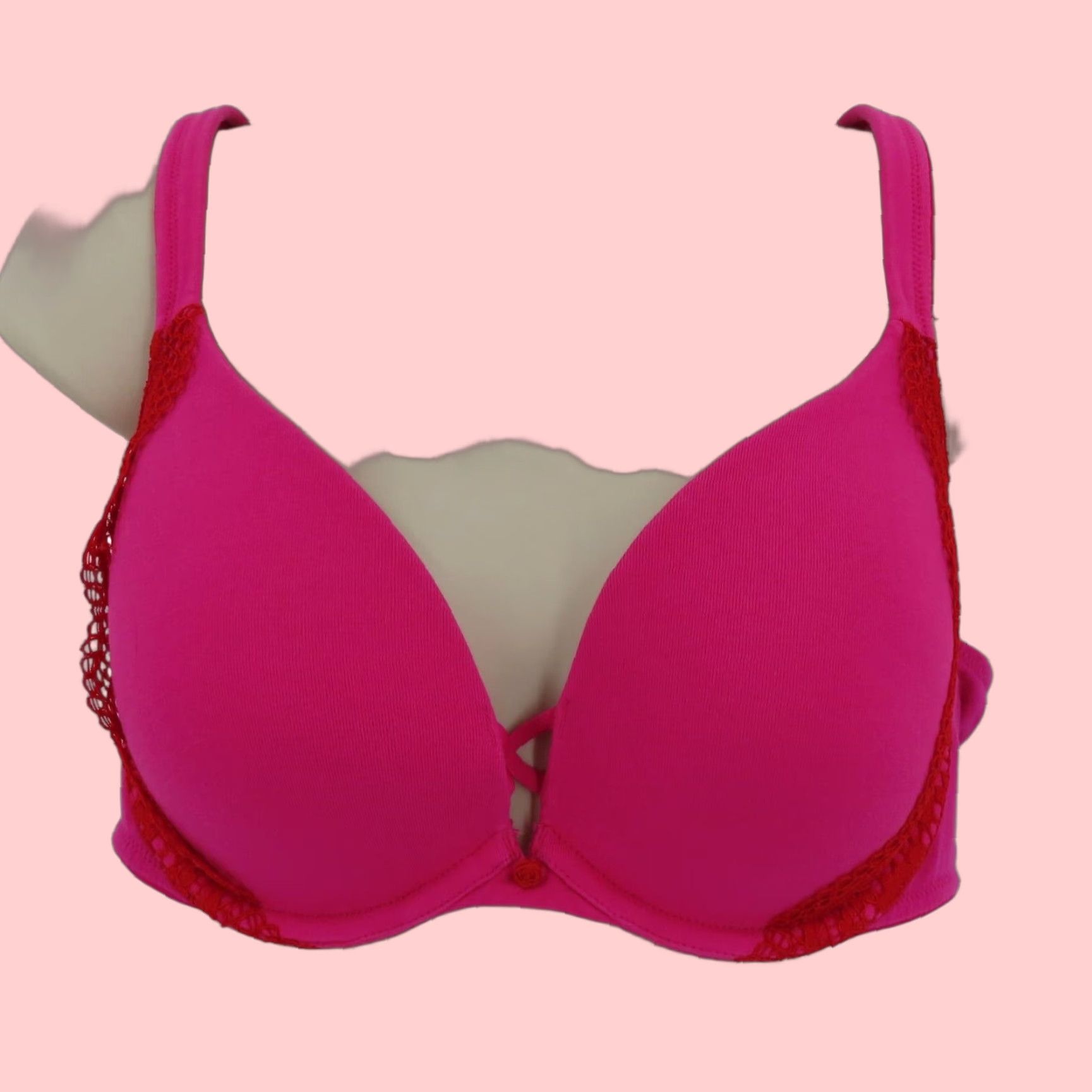 Pinko Cacique 36Dd Boost Plunge Pink Red Rosette Lace Underwire Padded Lined Bra, Women's
