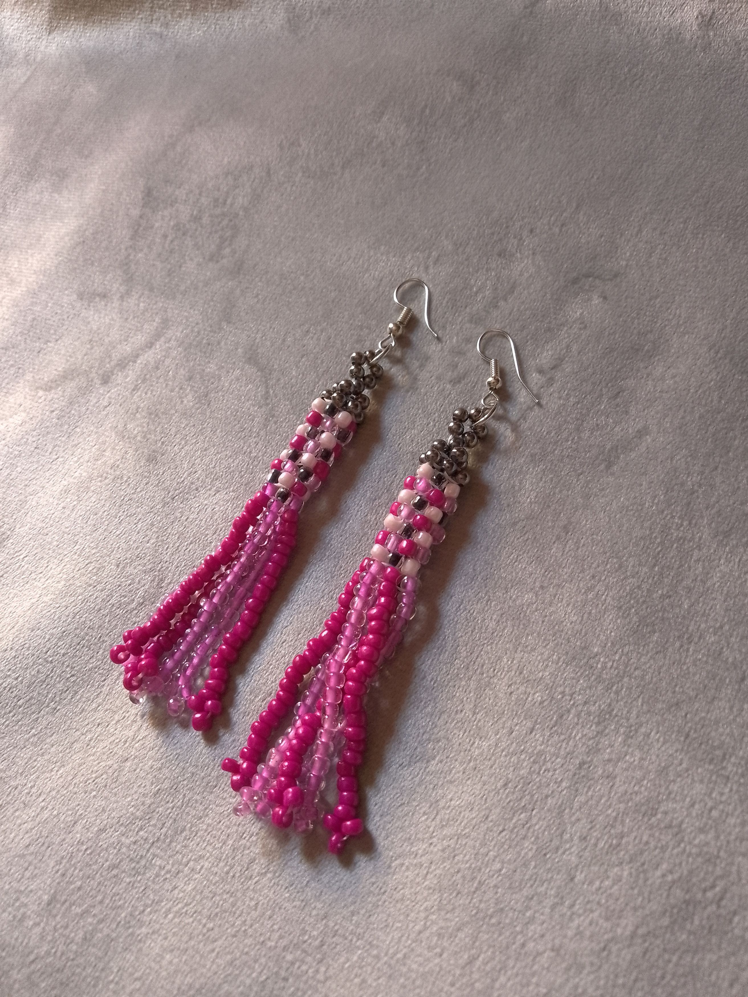 Handmade Earrings Long Bangs Chessboard Pattern Pink Size ONE SIZE - 5 Thumbnail