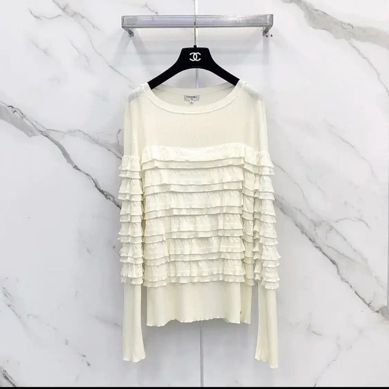Chanel Cream Ruffled Knit Sweater for Women 0089