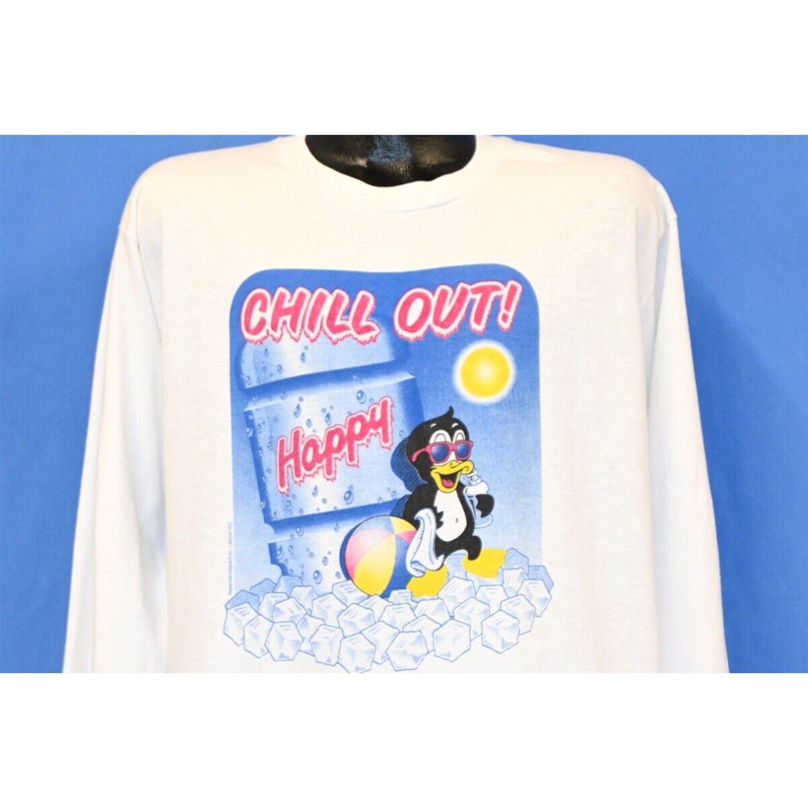 image of Fruit Of The Loom Vintage 90's Chill Out! Penguin Happy Cartoon Long Sleeve Ice Summer T-Shirt XL i