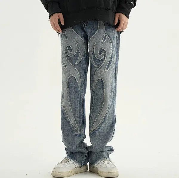 VIBE Blue Patchwork Skulls Embroidery Casual Denim Pants Size US 32 / EU 48 - 7 Thumbnail