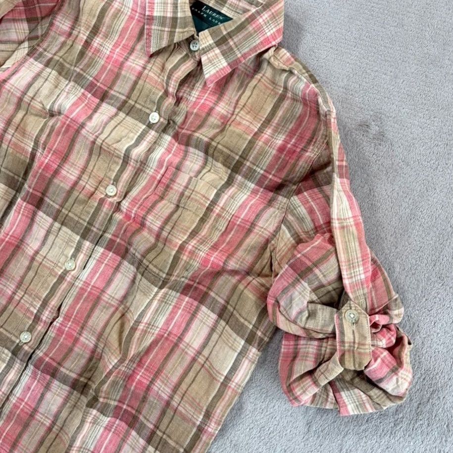 Ralph Lauren Lauren Ralph Lauren Shirt Women Small 100% Linen Beige Pink Brown Plaid Casual Workwear Lightweight Breathable Button-Up Long Sleeve Size S / US 4 / IT 40 - 3 Thumbnail