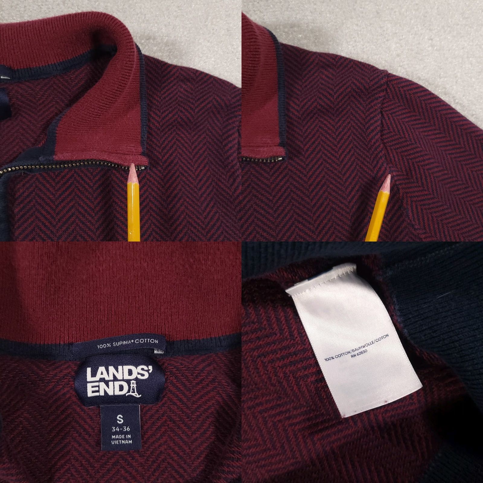 Lands' End Lands' End Supima Cotton Sweater 1/4 Zip Mock Neck Mens S Burgundy Herringbone Size US S / EU 44-46 / 1 - 9 Thumbnail