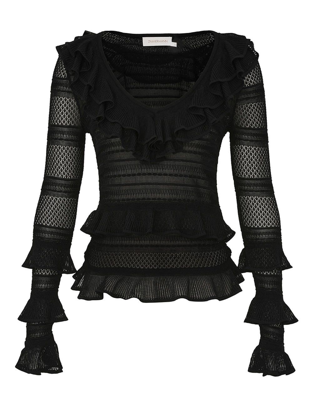 oc11z1025 Crush Frilled V-Neck Top in Black