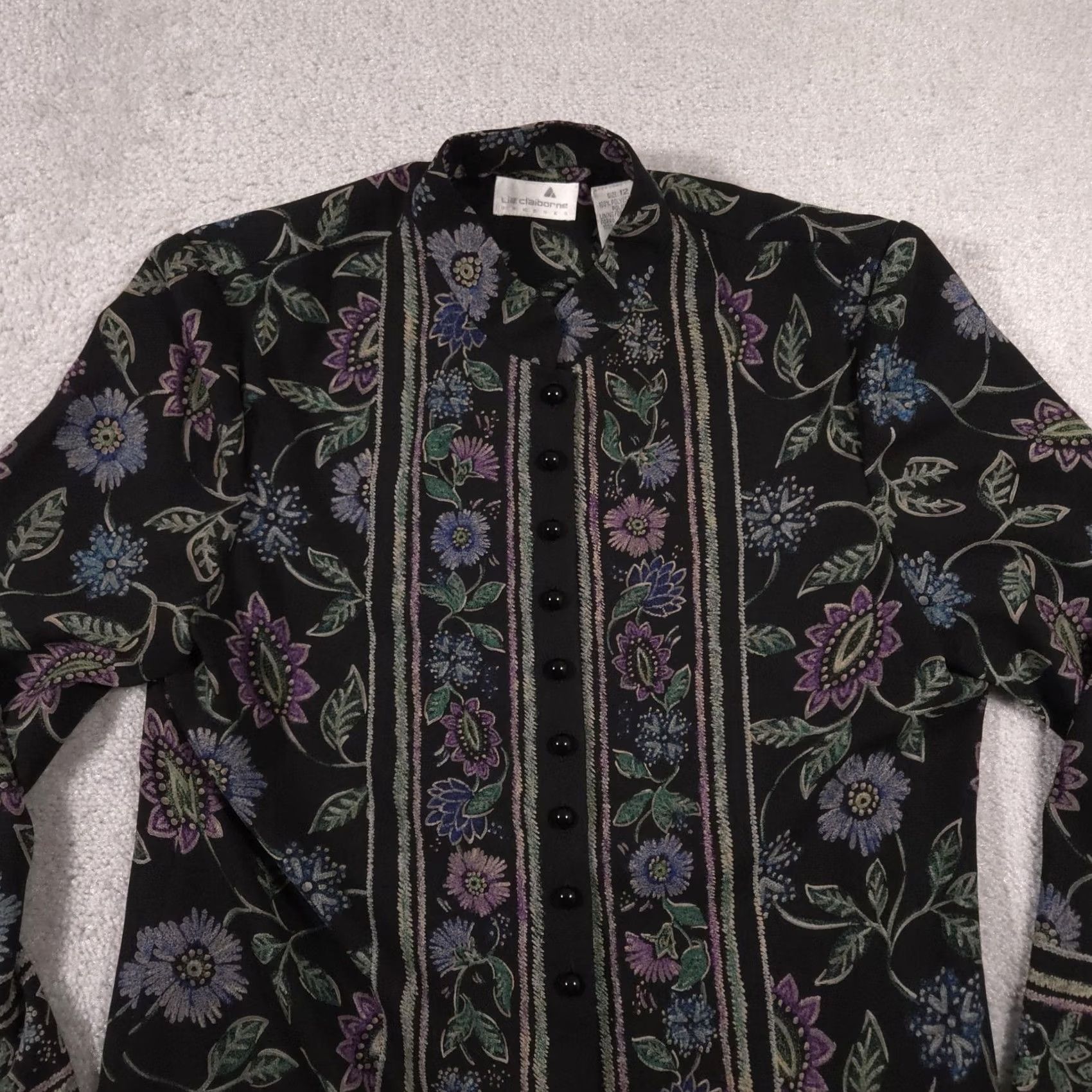 Liz Claiborne Liz Claiborne Jacket Womens 12 Black Floral Border Print Tunic Long Sleeve Top Size XL / US 12-14 / IT 48-50 - 3 Thumbnail