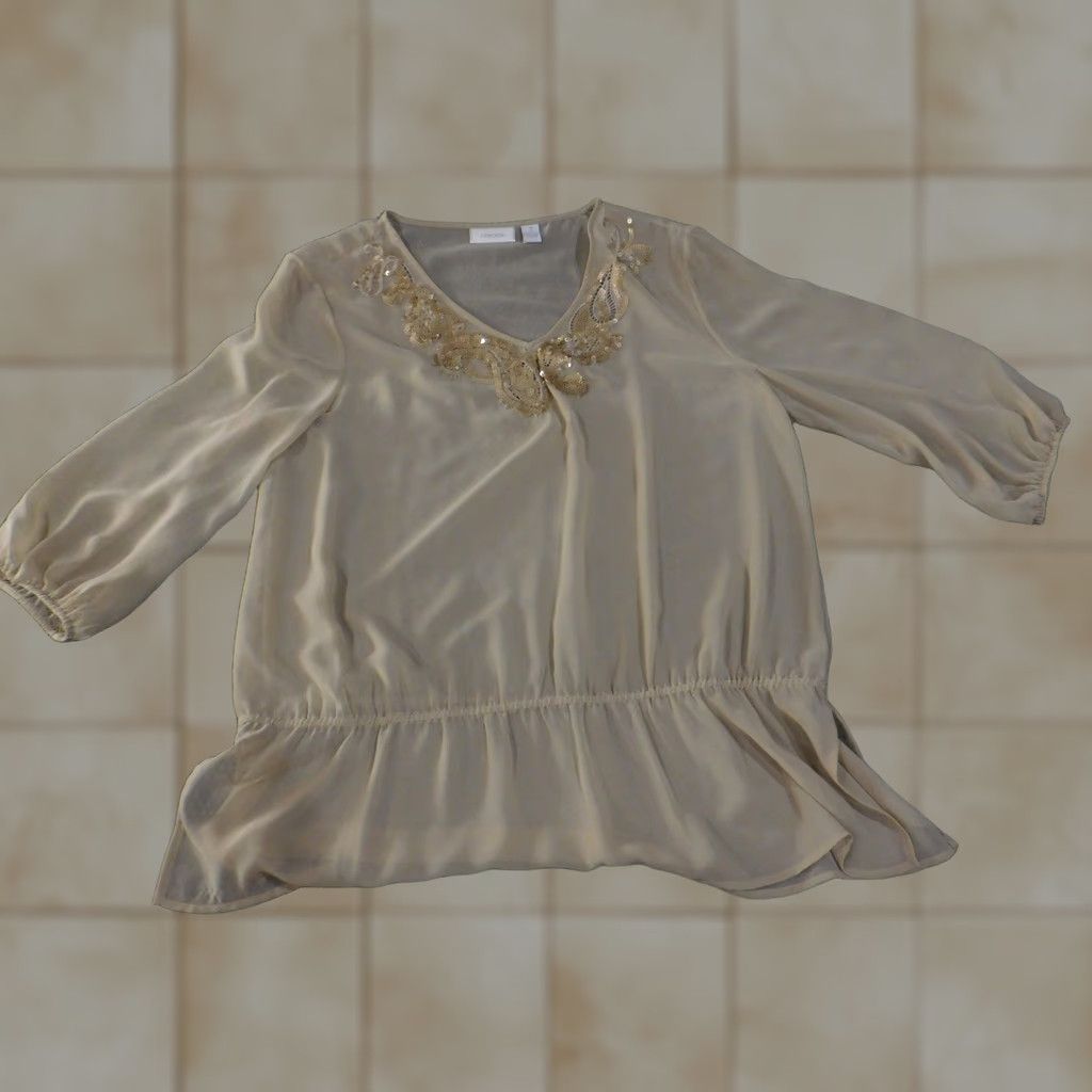 Vintage Chicos Blouse Womens 2 Beige Sheer Embroidered Ruffle Hem Tunic Shirt Long Sleeve V-Neck Casual Knit Polyester Regular Modern Boho Size XS / US 0-2 / IT 36-38 - 1 Thumbnail