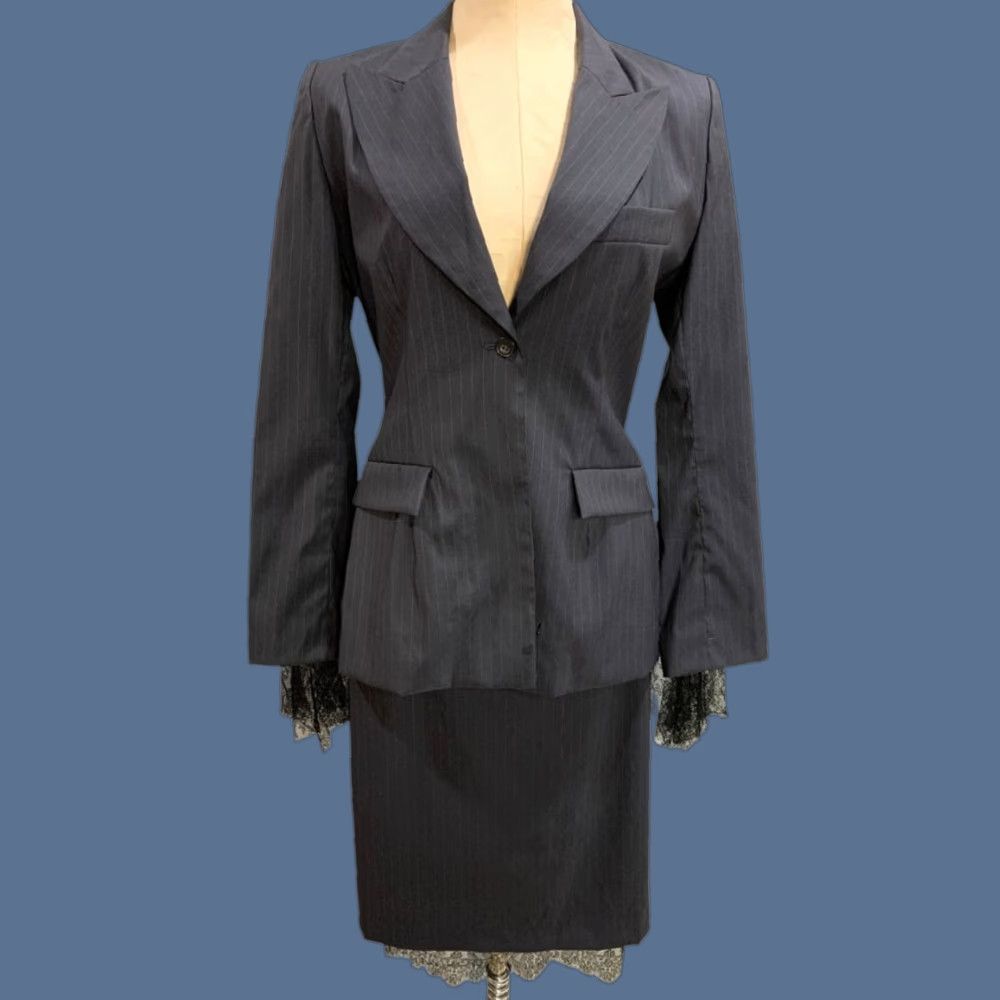 Vintage VINTAGE Marcel Marongiu Skirt Suit Black Pinstripe Lace Trim Size 38 Women Size 26" / US 2 / IT 38 - 1 Thumbnail