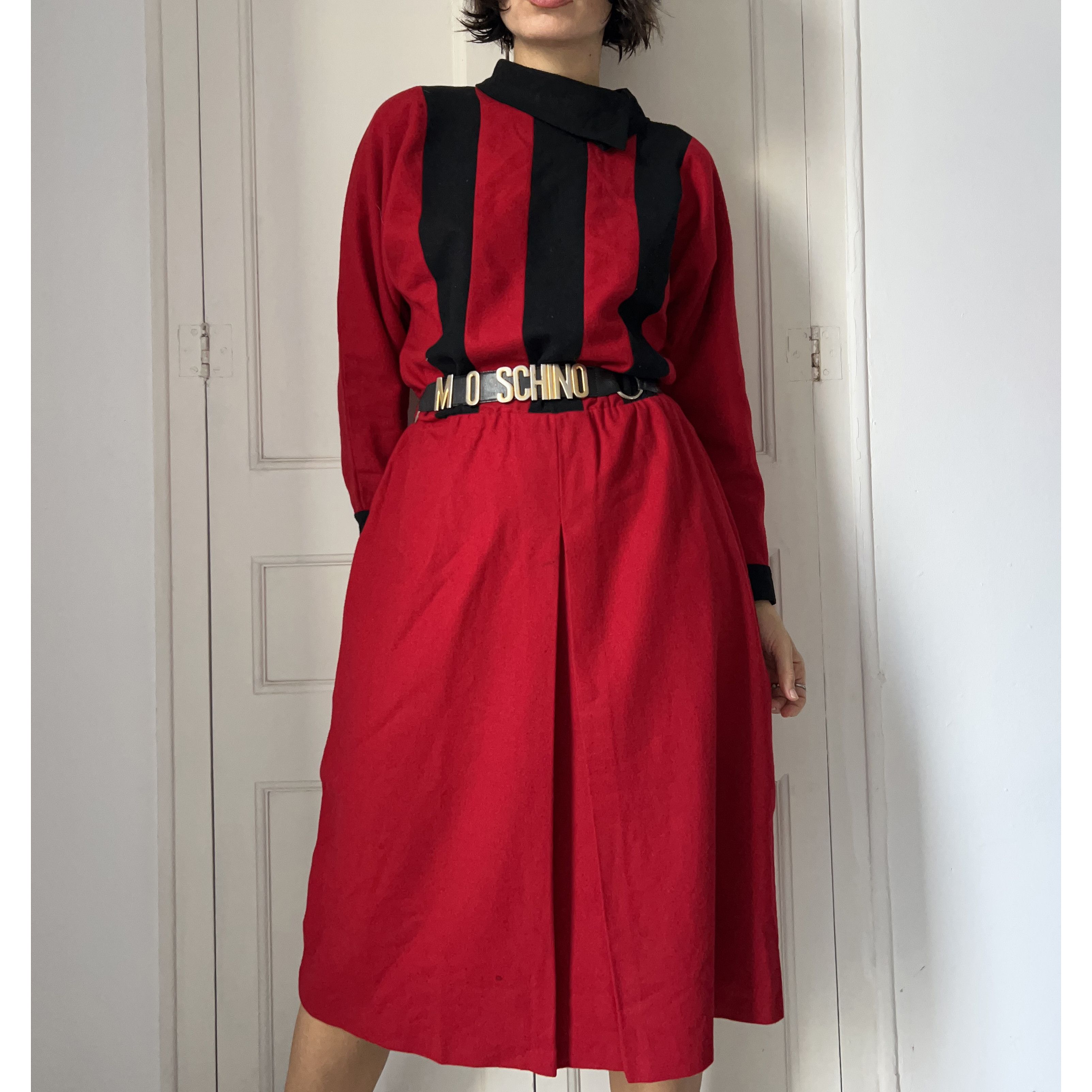 Vintage Vintage 80s Red Black Striped Wool Dress Size L / US 10 / IT 46 - 2 Thumbnail