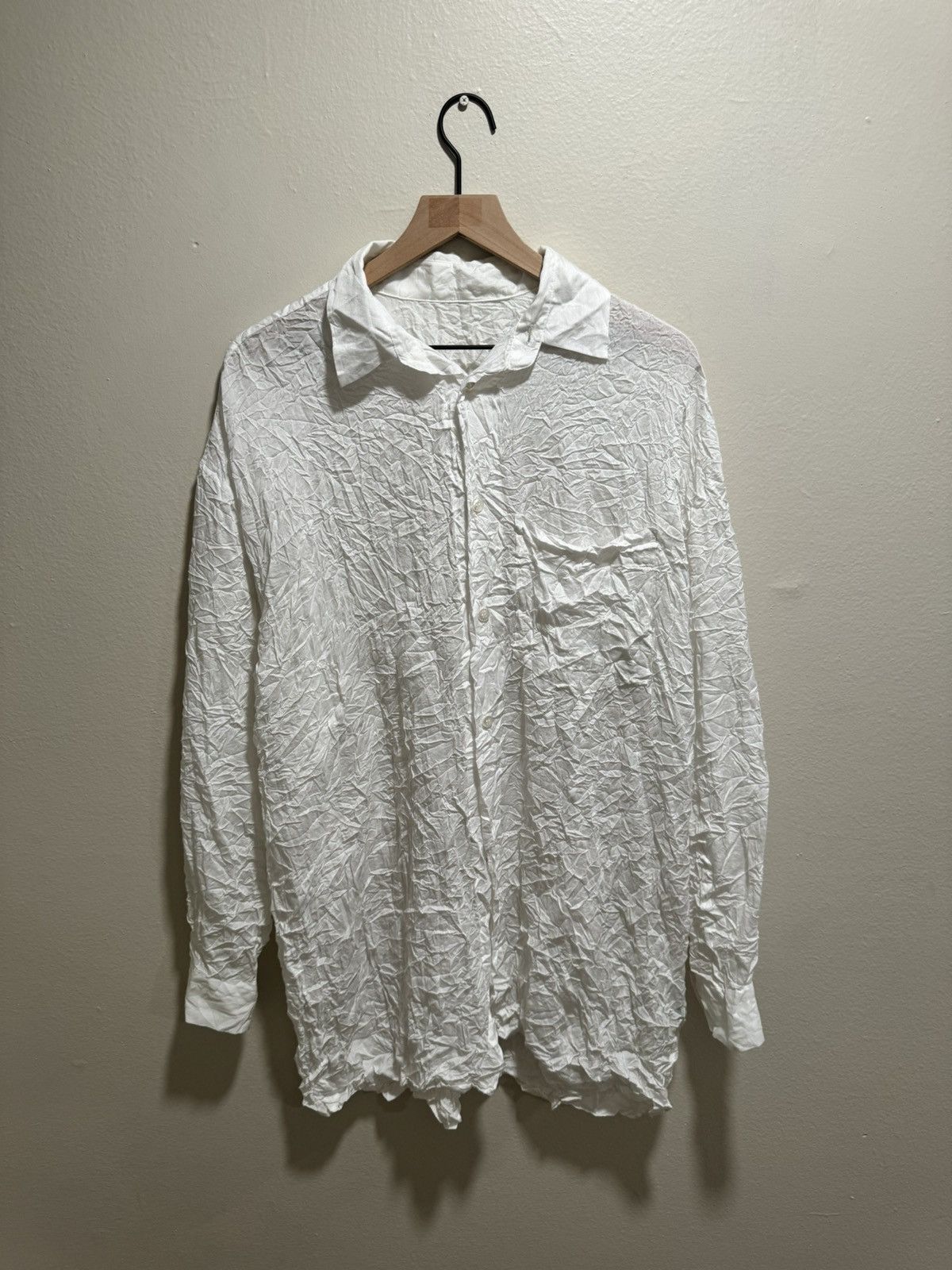 image of Issey Miyake Oversized Wrinkled White Button Down Shirt, Men's (Size Medium)