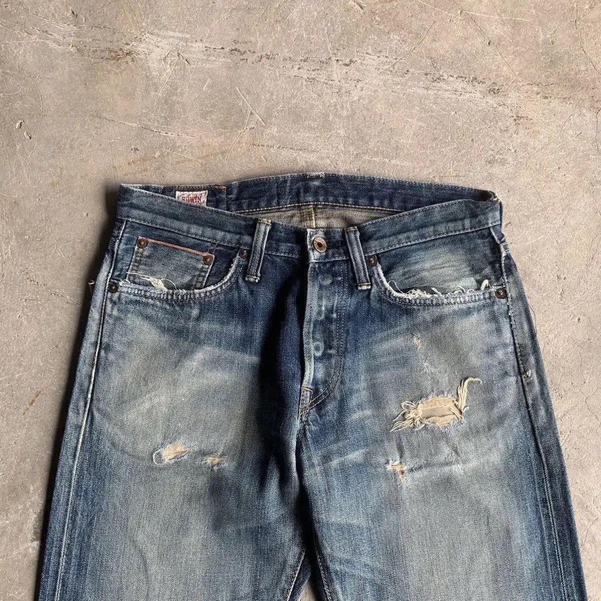 Self Edge × Sugar Cane 💥DISTRESSED! Edwin 505 Red Line Jeans Sun Faded Blue Pants Size US 32 / EU 48 - 2 Thumbnail