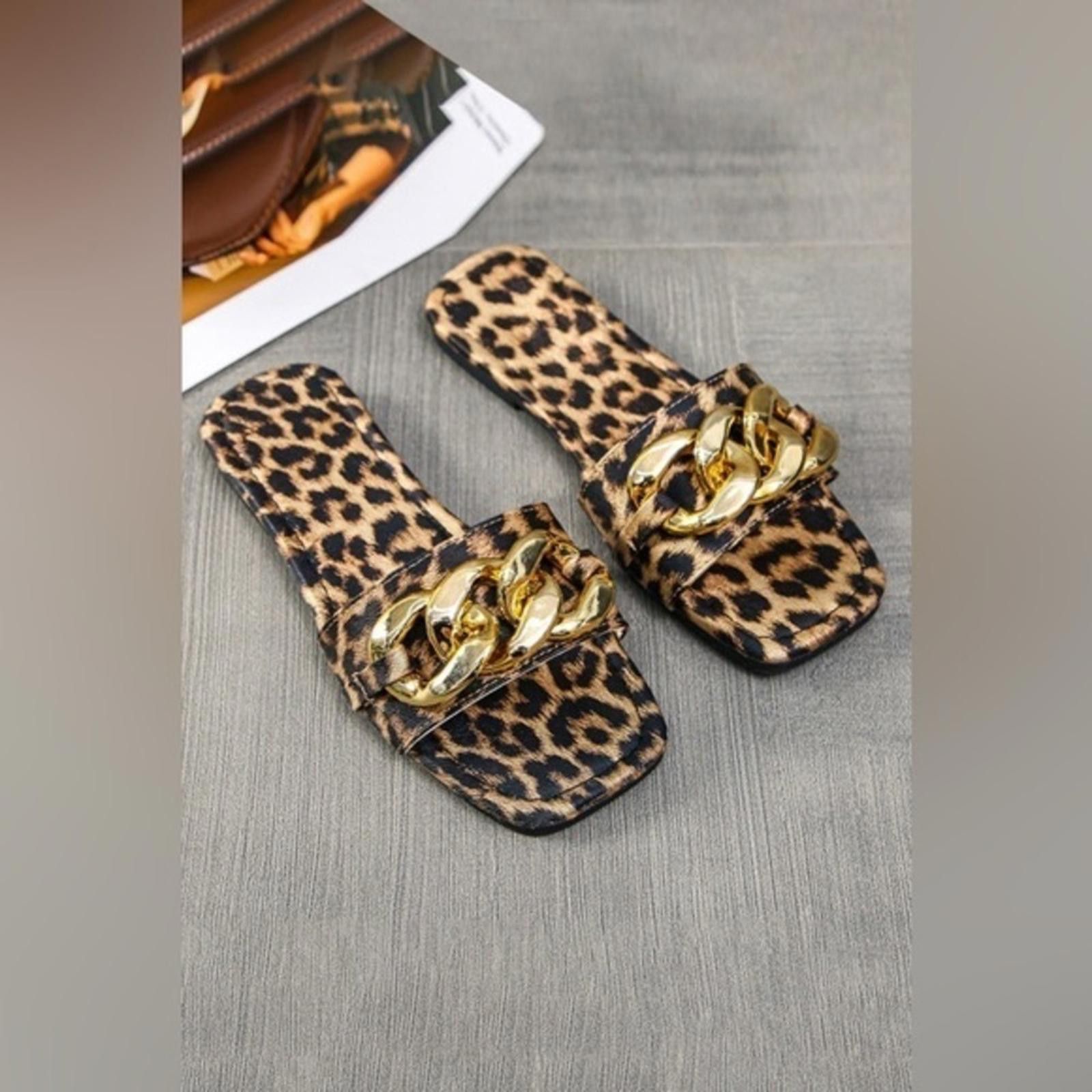 Designer Leopard Print Gold Chain Slide Sandals Size US 6.5 / IT 36.5 - 2 Thumbnail