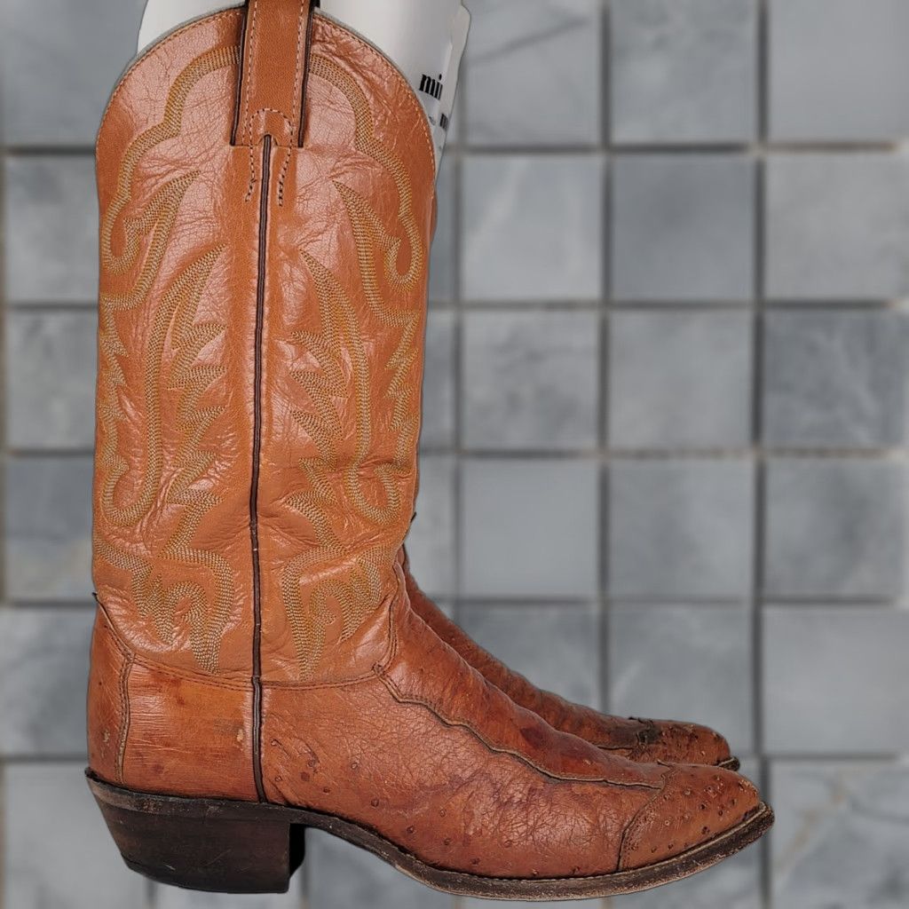 Justin Boots VINTAGE Justin Boots Western Boot J4066 - 9D - Brown - USA - Men - Ostrich Leather - Pull On - Almond Toe Size US 9 / EU 42 - 1 Thumbnail