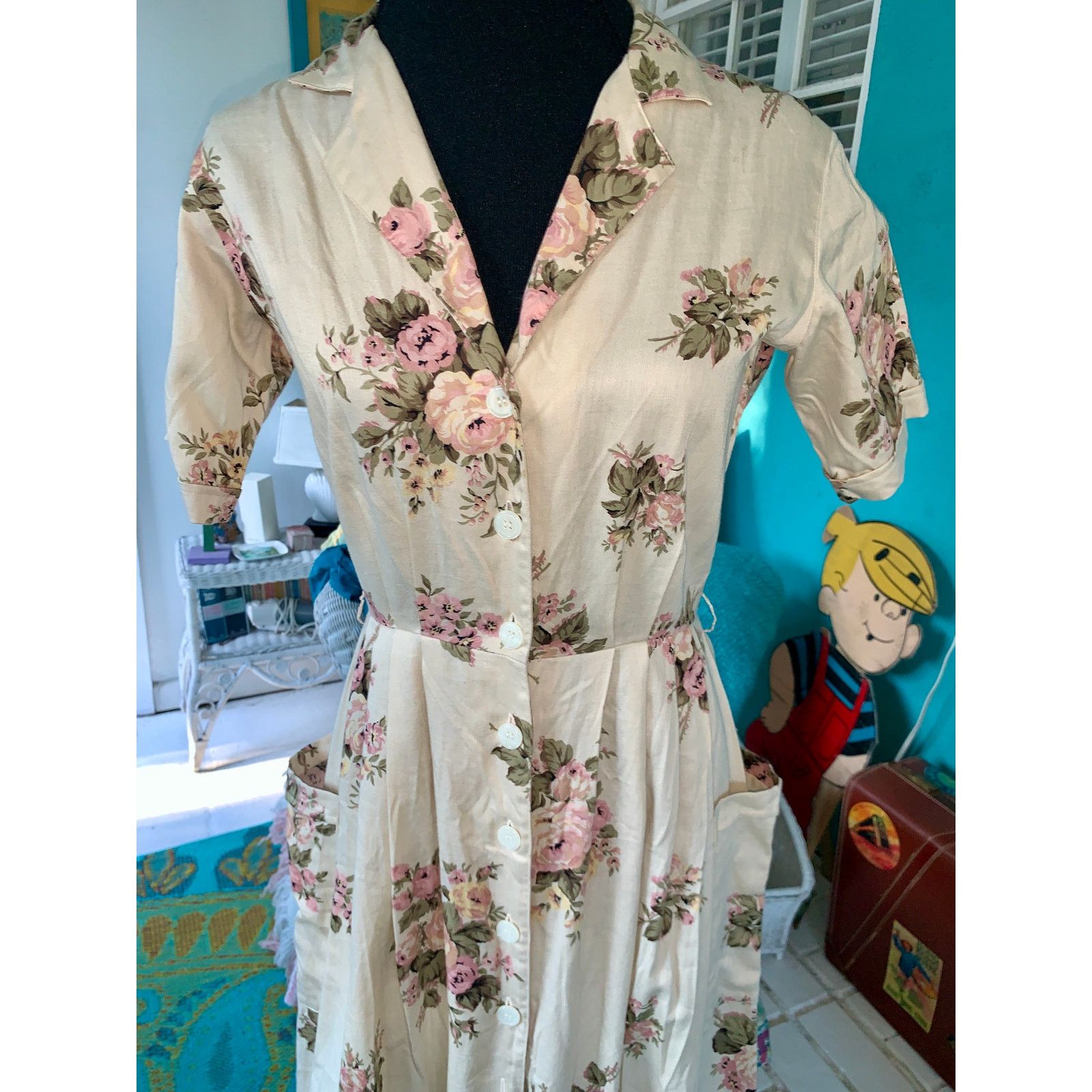 Other VINTAGE 80s BRITISH KHAKI ROBERT LIGHTON FLORAL TEA DRESS Size S / US 4 / IT 40 - 17 Thumbnail