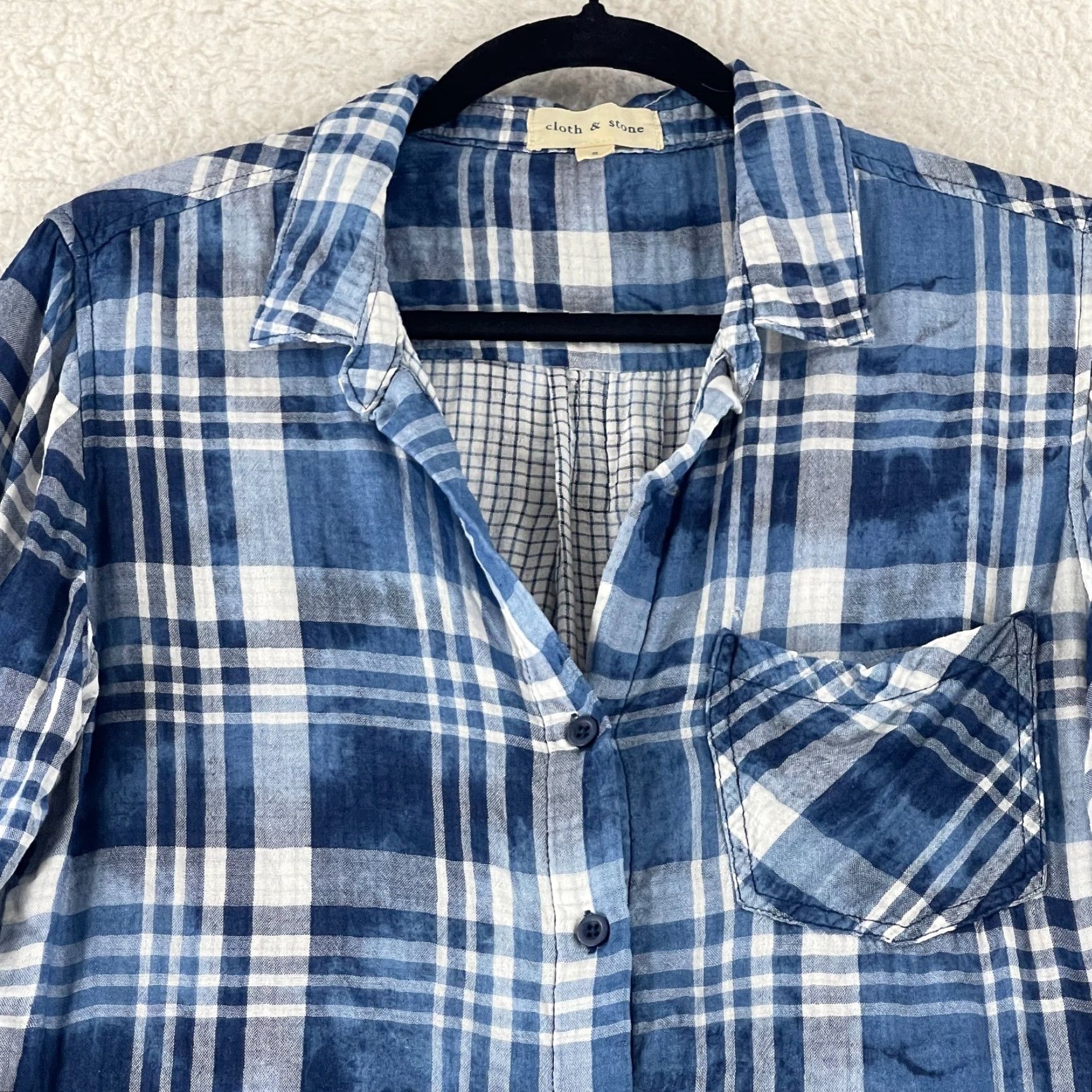 CLOT Cloth & Stone Button-Up Shirt Womens Small Blue Plaid Long Sleeve Casual V-Neck Size S / US 4 / IT 40 - 3 Thumbnail