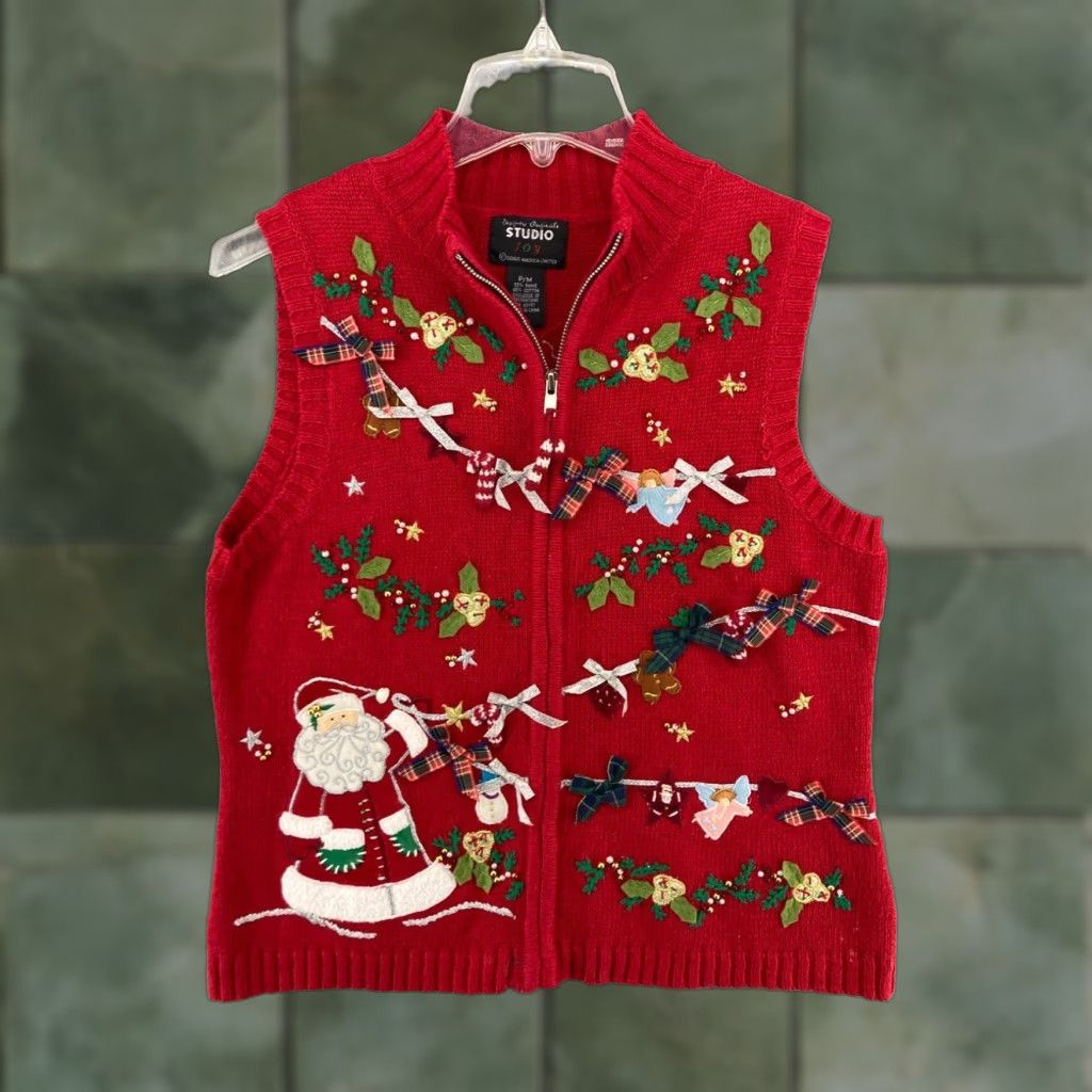 Vintage Christmas Santa Bows Designer Originals Studio Womens Vest Petite Medium Size M / US 6-8 / IT 42-44 - 1 Thumbnail