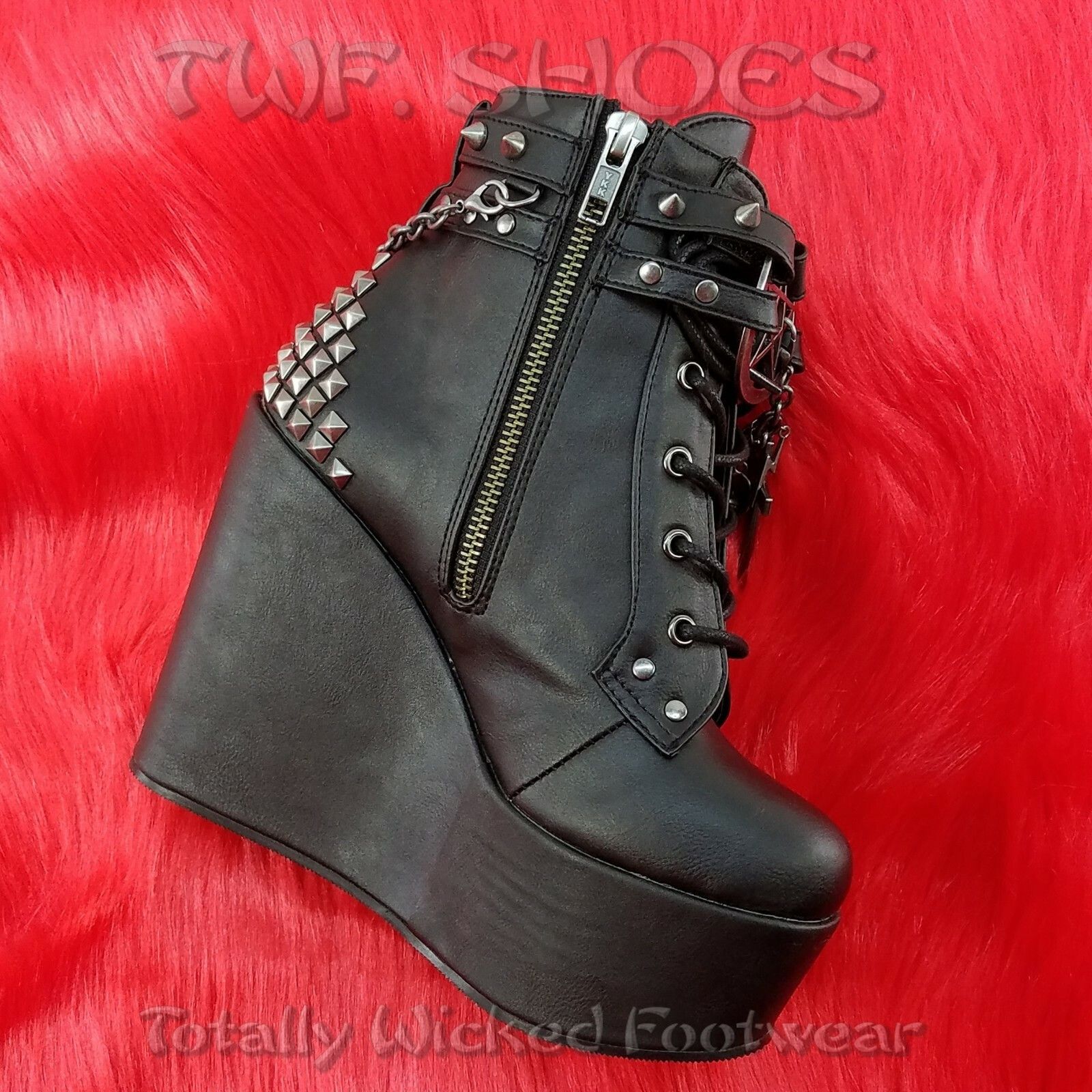 Demonia Cult DEMONIA Poison 101 Charm Chain 5" Wedge Heel Goth Ankle Boot Size US 7 / IT 37 - 2 Thumbnail