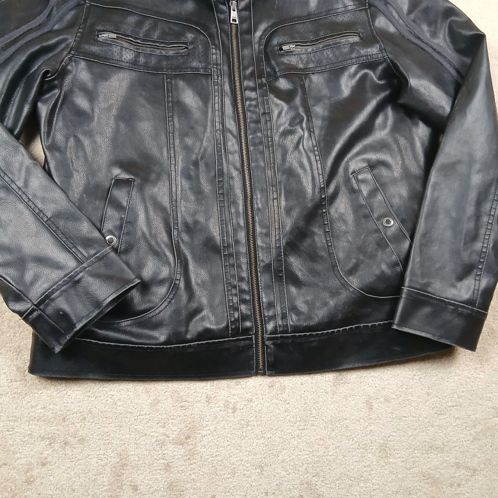 Guess GUESS Motorcycle Jacket Mens XL Black Faux-Leather Band Collar Full Zip Zipper Pockets Regular Fit Short Coat Size US XL / EU 56 / 4 - 5 Thumbnail