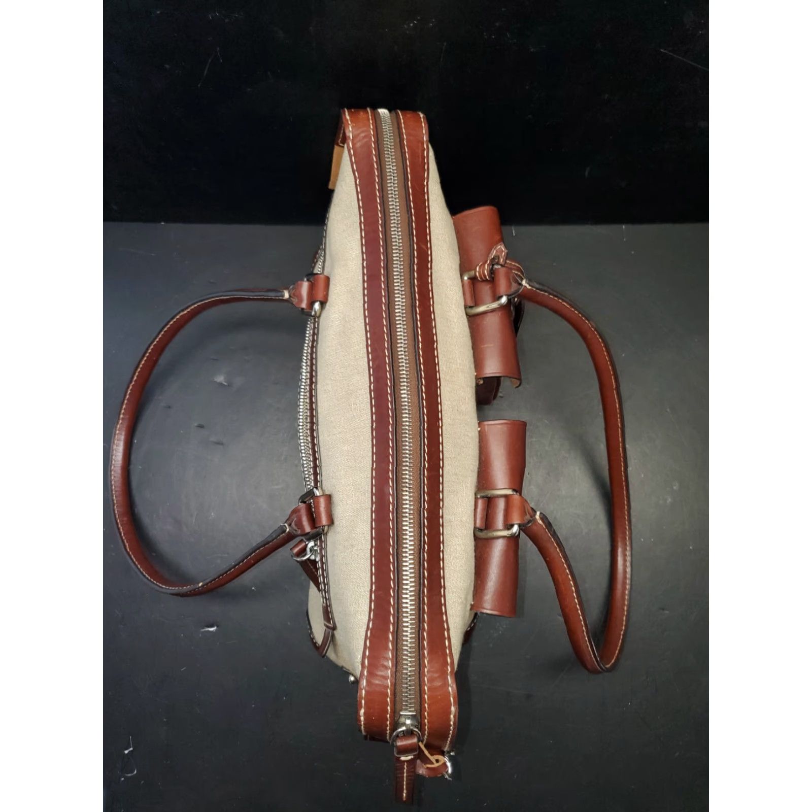 Dooney & Bourke VINTAGE Dooney & Bourke Anniversary Signature Double Pocket Tote Bag Satchel Logo Coin Canvas Leather Brown Beige 12x6x8 Bags Mens Womens Girls Boys Size ONE SIZE - 6 Thumbnail
