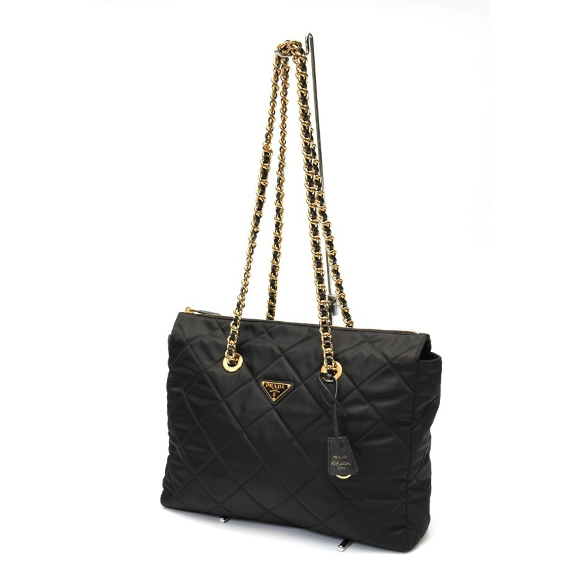 Prada Re-Nylon Chain Shoulder Bag Tote 1BG467 Quilted Nylon Black S-159278
