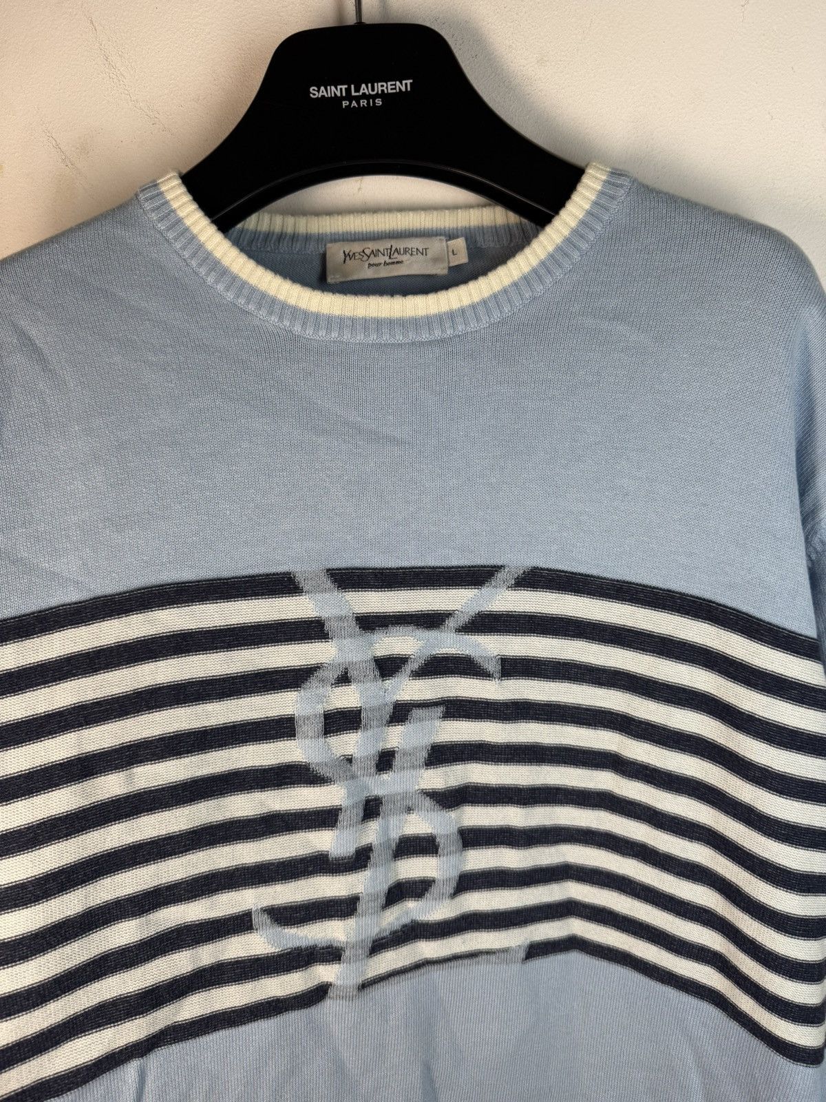 Yves Saint Laurent Blue YSL Sweater Knit Light Big Logo Size US L / EU 52-54 / 3 - 14 Thumbnail