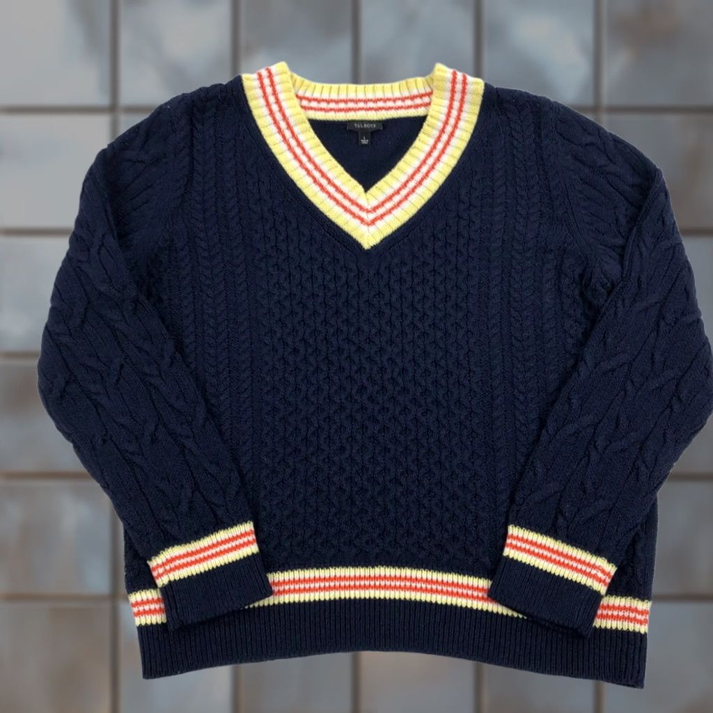 Talbots Talbots Women's L Navy Blue Cable-Knit V-Neck Sweater Pullover Cotton Linen Knit Style Preppy Casual Mens Womens Girls Boys Size L / US 10 / IT 46 - 1 Thumbnail