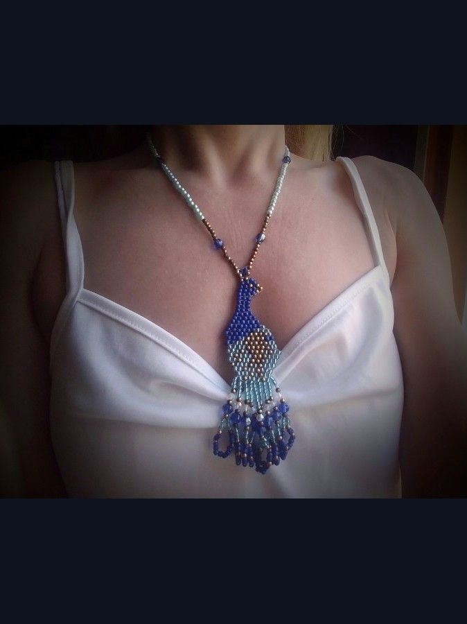 Handmade Necklace Pearls Blue Turquoise Peacock Pendant Embroidered Size ONE SIZE - 4 Thumbnail