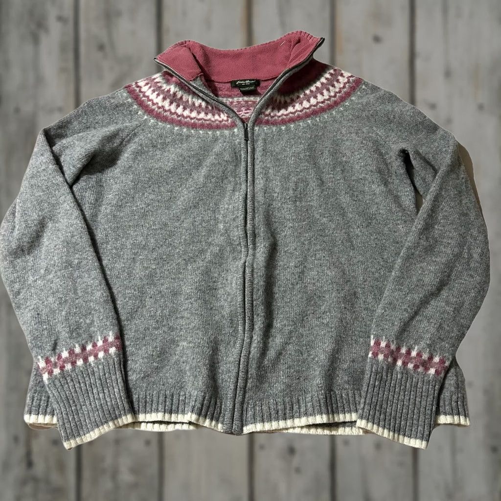 Eddie Bauer VINTAGE Eddie Bauer Fair Isle Nordic Lambs Wool Full Zip Sweater XL Women Gray Pullover Knit Wool Size XL / US 12-14 / IT 48-50 - 1 Thumbnail