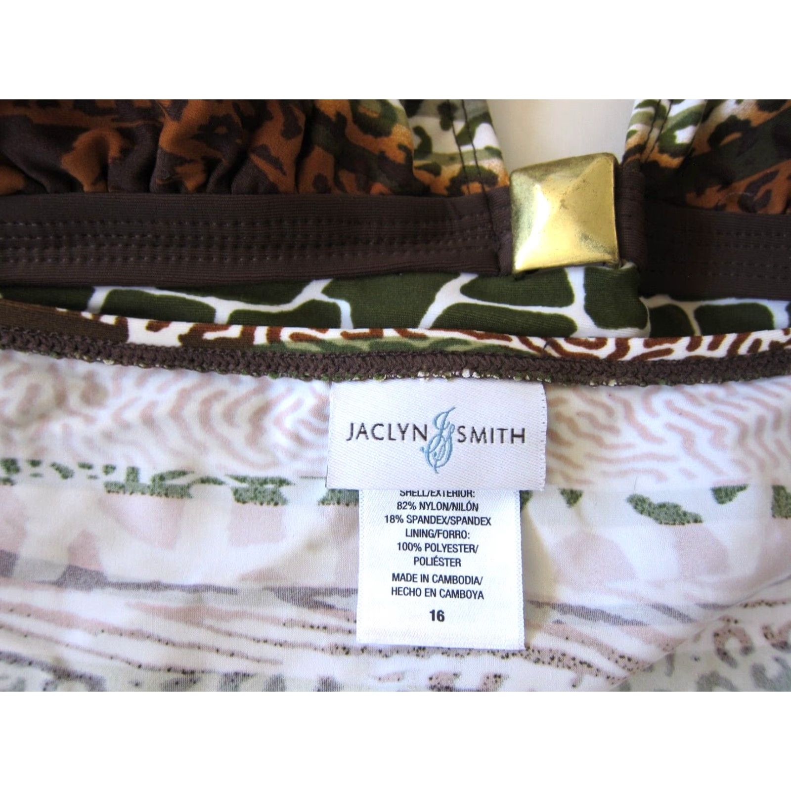 Vintage Jaclyn Smith Green Brown Animal Print Built In Bra Halter Tankini Swim Top 16 Size XXL / US 16-18 / IT 52-54 - 3 Thumbnail