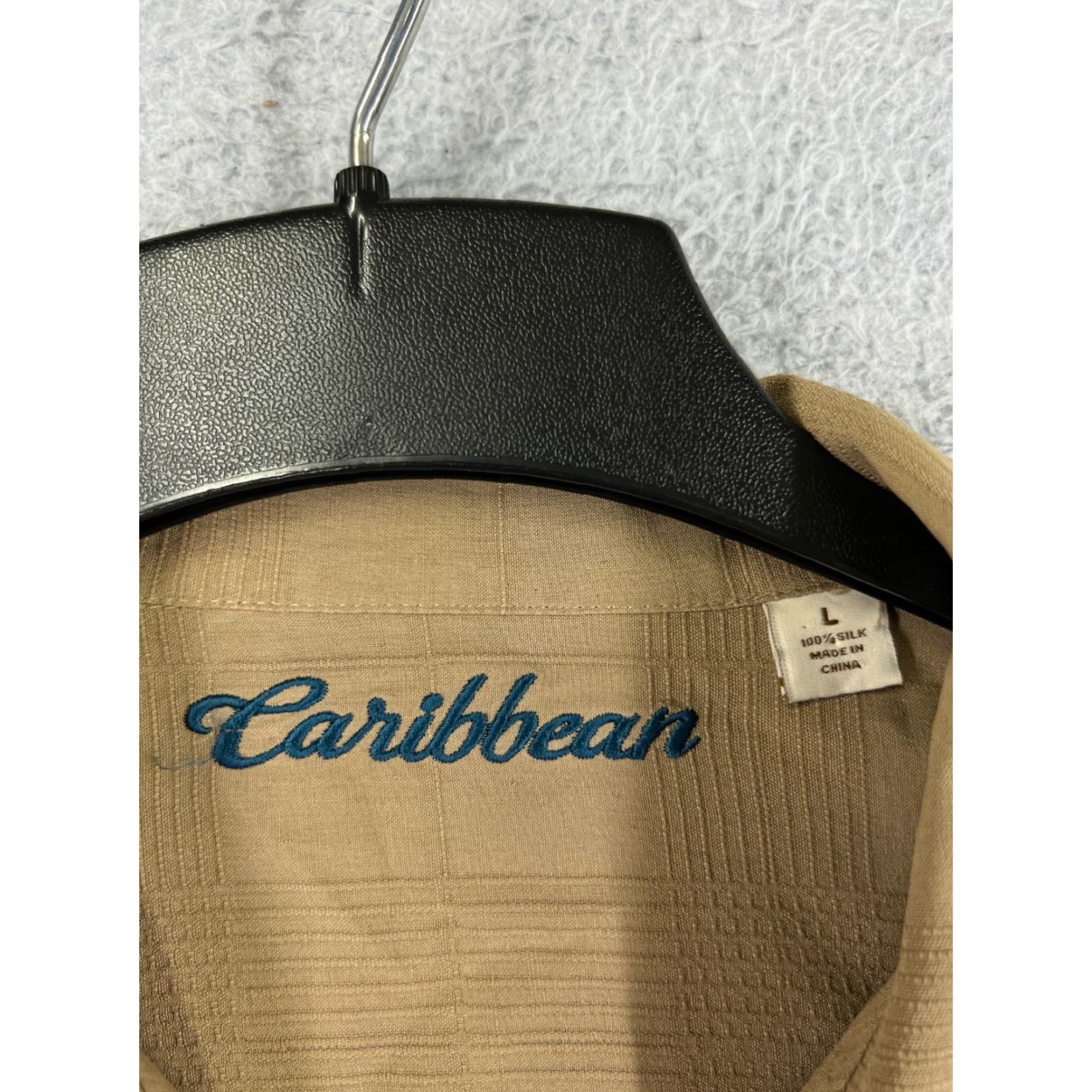 Vintage Caribbean Men's Large Beige Short Sleeve Button-Up Shirt Geometric Pattern 100% Silk Aloha Outdoor Size US L / EU 52-54 / 3 - 3 Thumbnail
