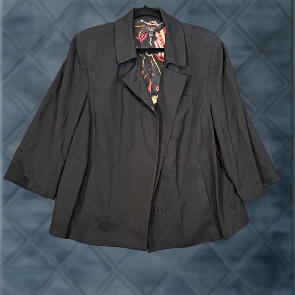 Talbots Blazer Womens 18W Short 3/4 Sleeve Black Button Collared Knit Plus Size City Modern