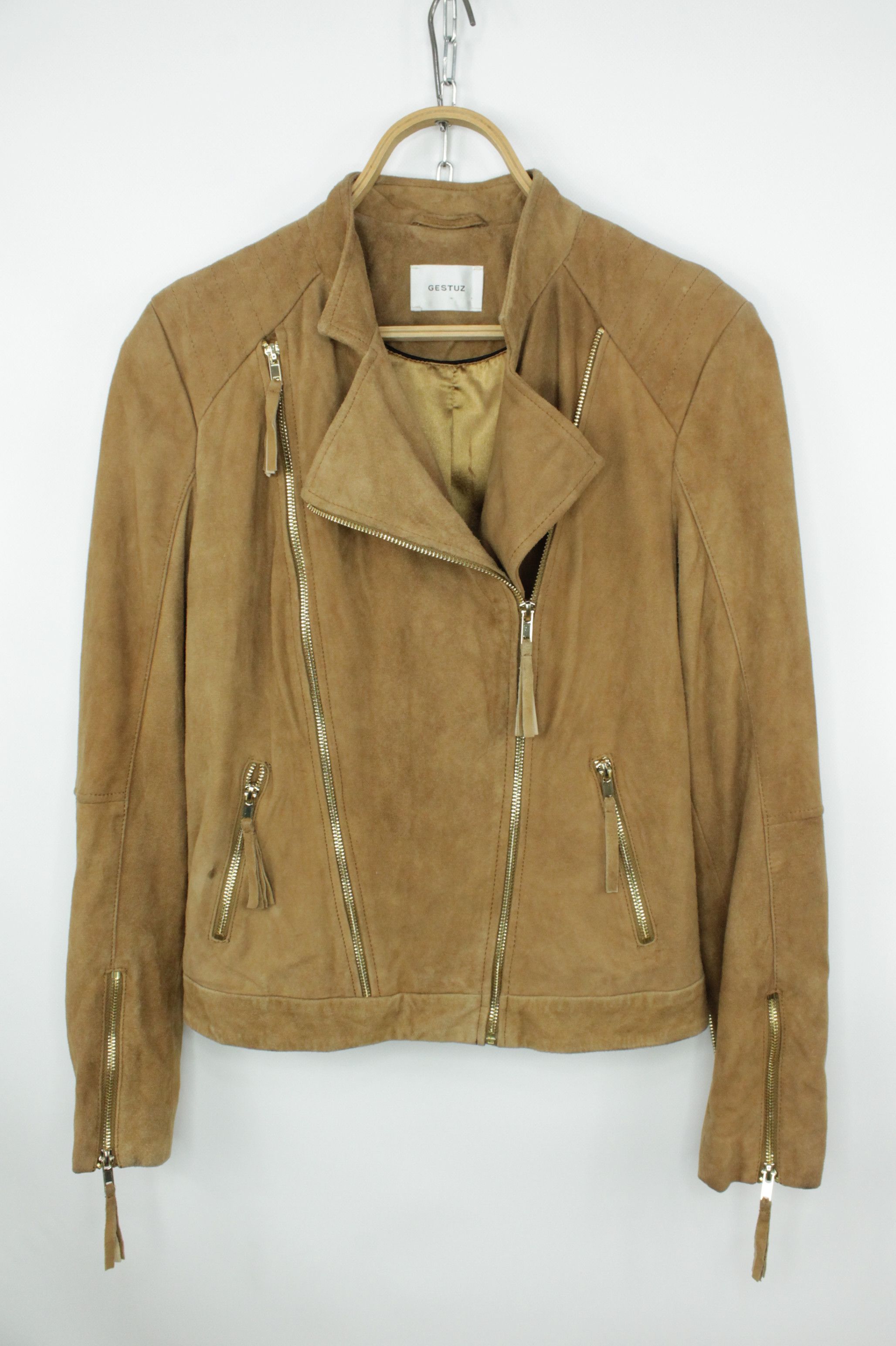 Genuine Leather × Gestuz GESTUZ Joya Goat Suede Camel Leather Biker Jacket Size S / US 4 / IT 40 - 1 Thumbnail