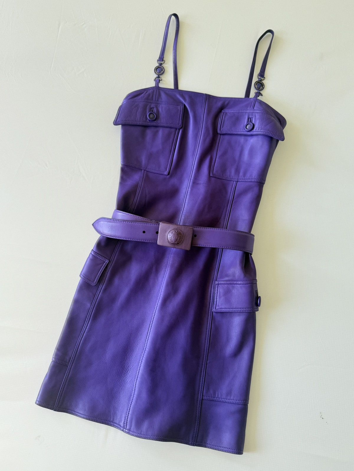 Versace Gianni Versace 1996 F/W Purple Leather Belted Shift Dress Size S / US 4 / IT 40 - 3 Thumbnail