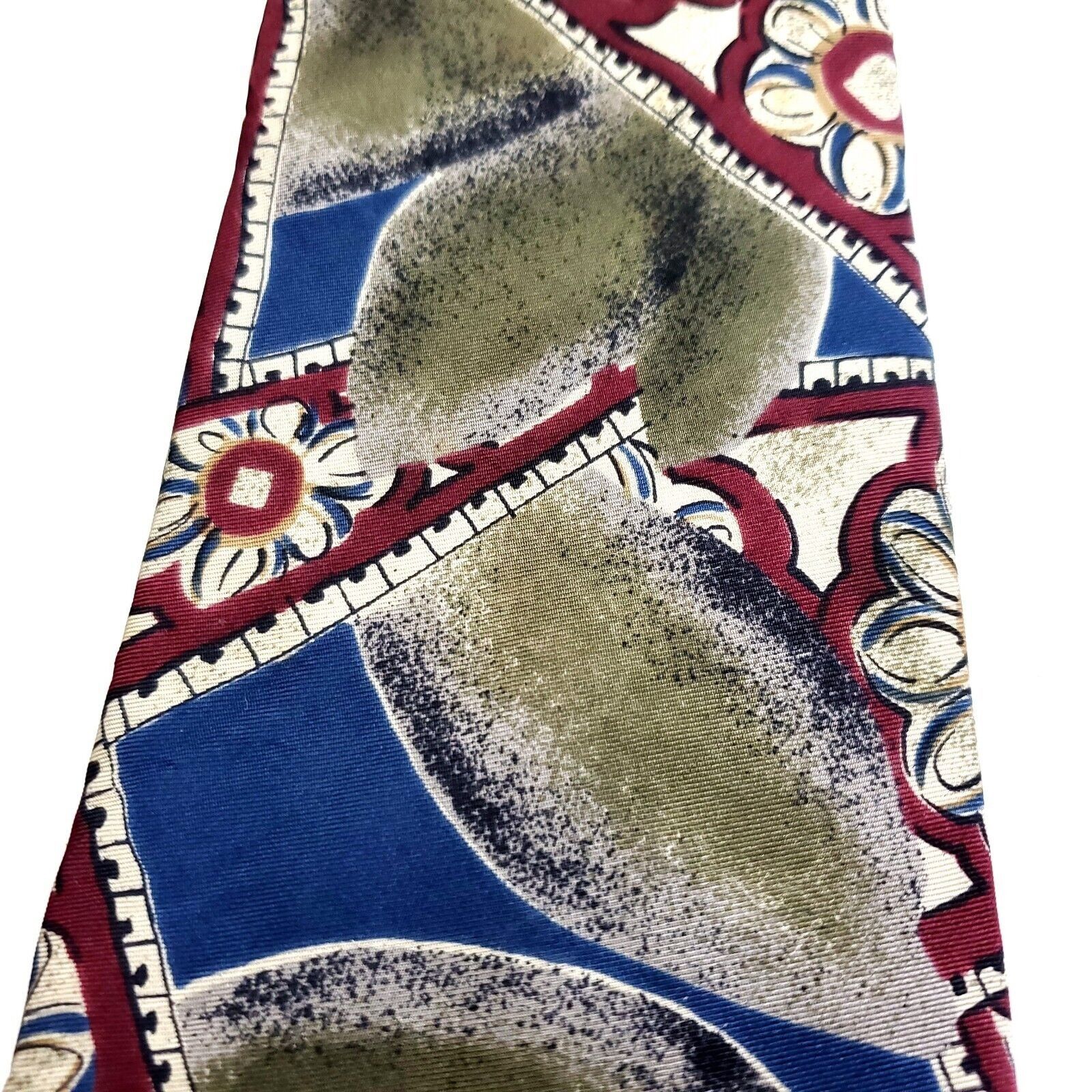 Vintage Adolfo Silk Tie Print Green Blue Floral Short Size ONE SIZE - 2 Thumbnail
