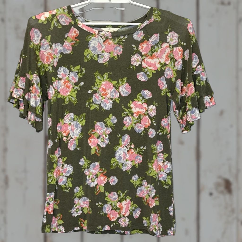 Vintage Matilda Jane Womens Top Small Flouncy Poet Short Ruffle Sleeve Lets Go Together Green Floral Print Round Neck Stretch Size S / US 4 / IT 40 - 1 Thumbnail