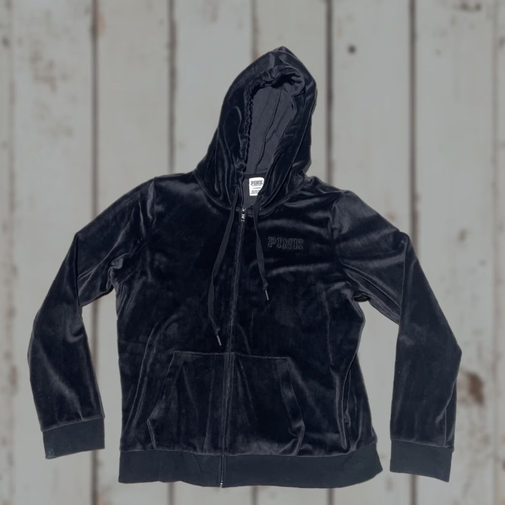 Victoria's Secret Victoria's Secret PINK Jacket Women’s L Black Velvet Hooded Zip Short Sleeve Velour Size L / US 10 / IT 46 - 1 Thumbnail