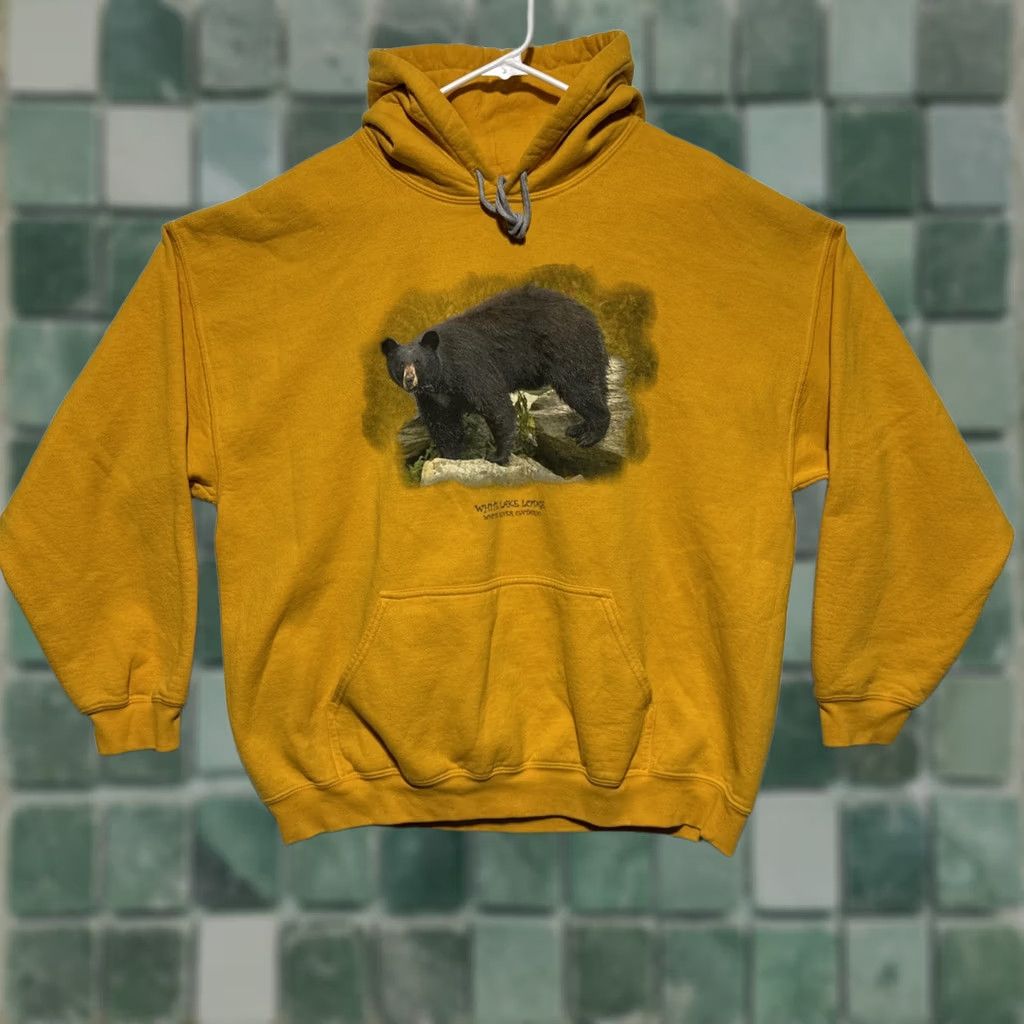 Gildan VINTAGE White Lake Lodge Hoodie Men’s XL White Gildan Fleece Bear Hoodie 90s Outdoor Pockets Drawstring Pullover Cute Size US XL / EU 56 / 4 - 1 Thumbnail