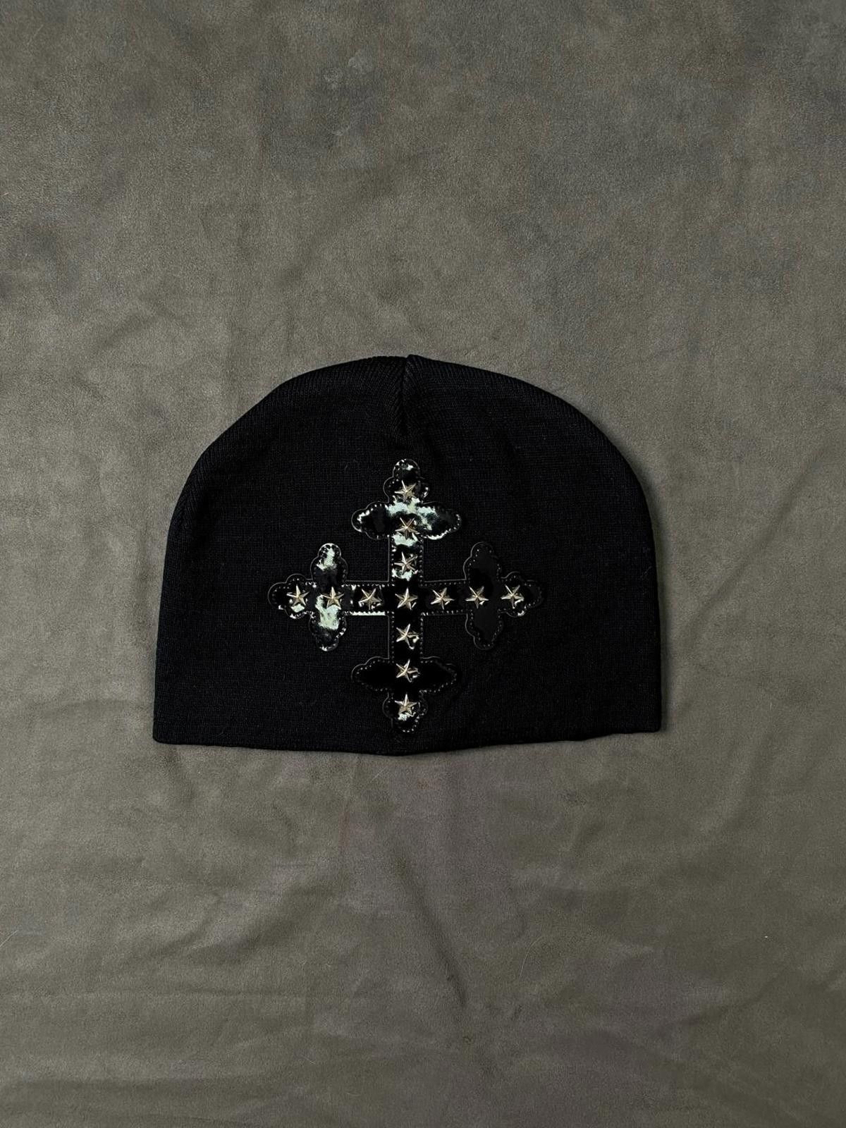 Japanese Brand Worship Cross Leather Patch No Cuff Knit Beanie Black Hat OS Size ONE SIZE - 1 Thumbnail