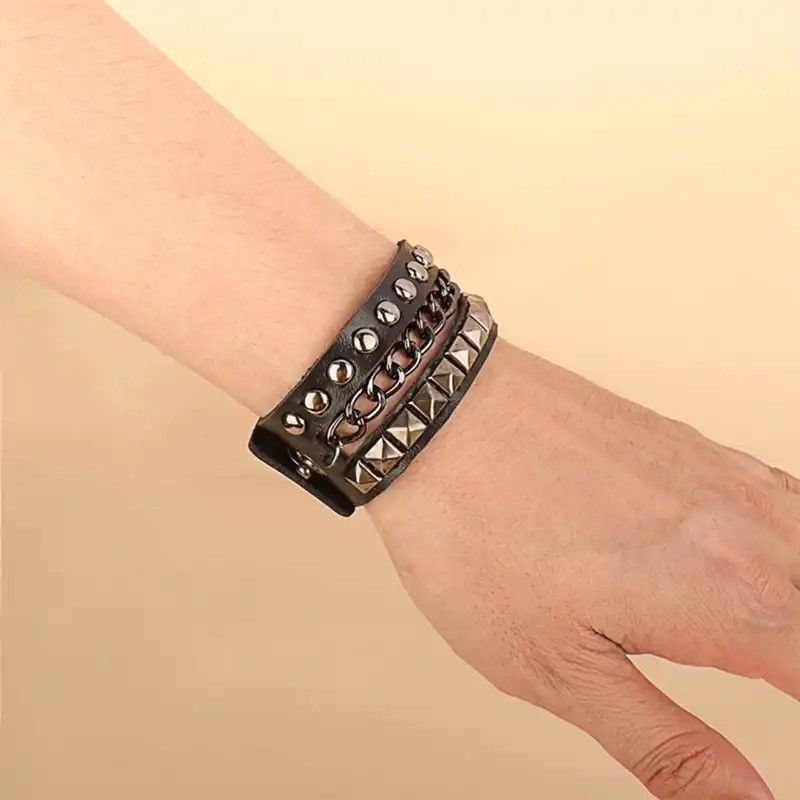 Vintage Punk Leather Bracelet Multilayers Rivets Chain Bracelet Size ONE SIZE - 3 Thumbnail