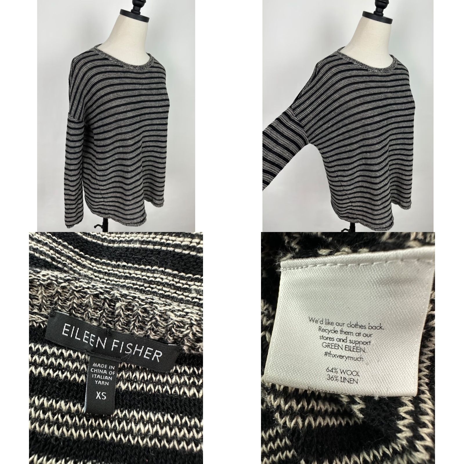 Eileen Fisher VINTAGE Eileen Fisher Sweater Womens XS Wool Linen Blend Knit Black Ivory Stripe Boxy Size XS / US 0-2 / IT 36-38 - 8 Thumbnail