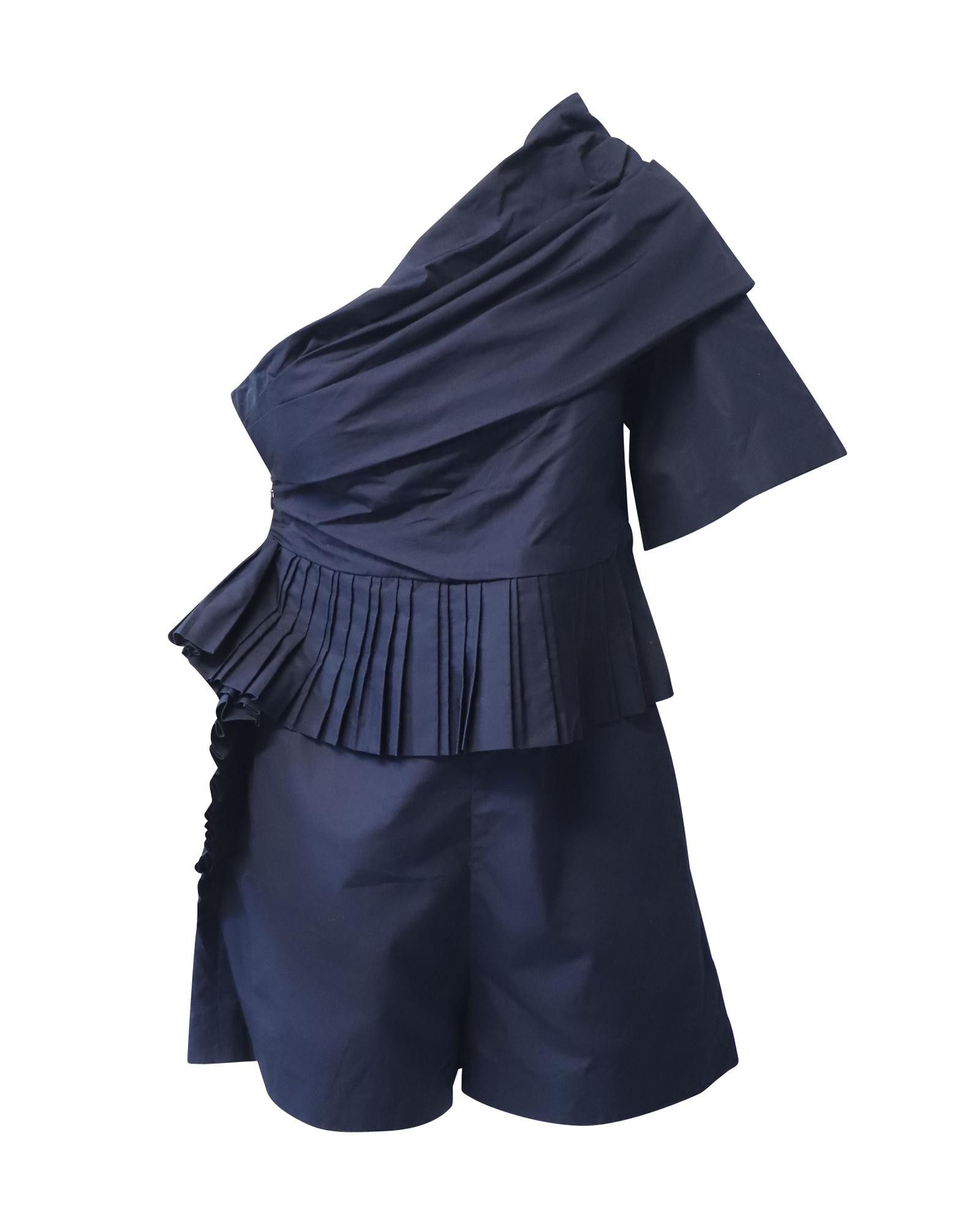 image of Asymmetrical Pleated Navy Blue Cotton Playsuit By Chloe, Women's (Size 26)