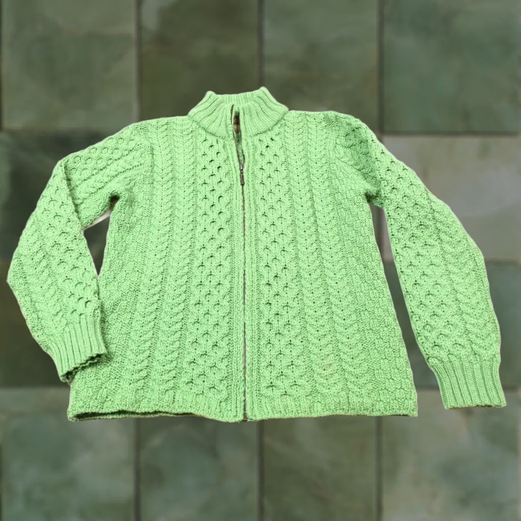 Vintage Inis Crafts Cable-Knit Sweater Womens M Green Merino Wool Full Zip Size M / US 6-8 / IT 42-44 - 1 Thumbnail