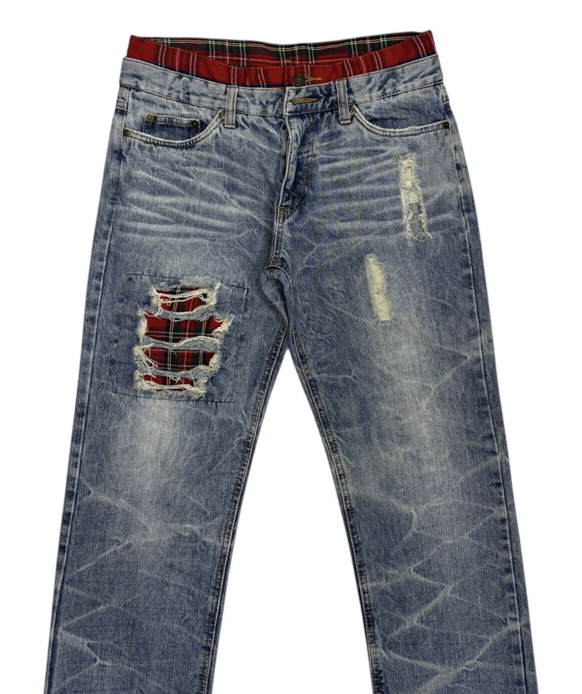 Hysteric Glamour × If Six Was Nine Red Tartan Checked Double Waist Jean Distressed Denim Size US 31 - 5 Thumbnail