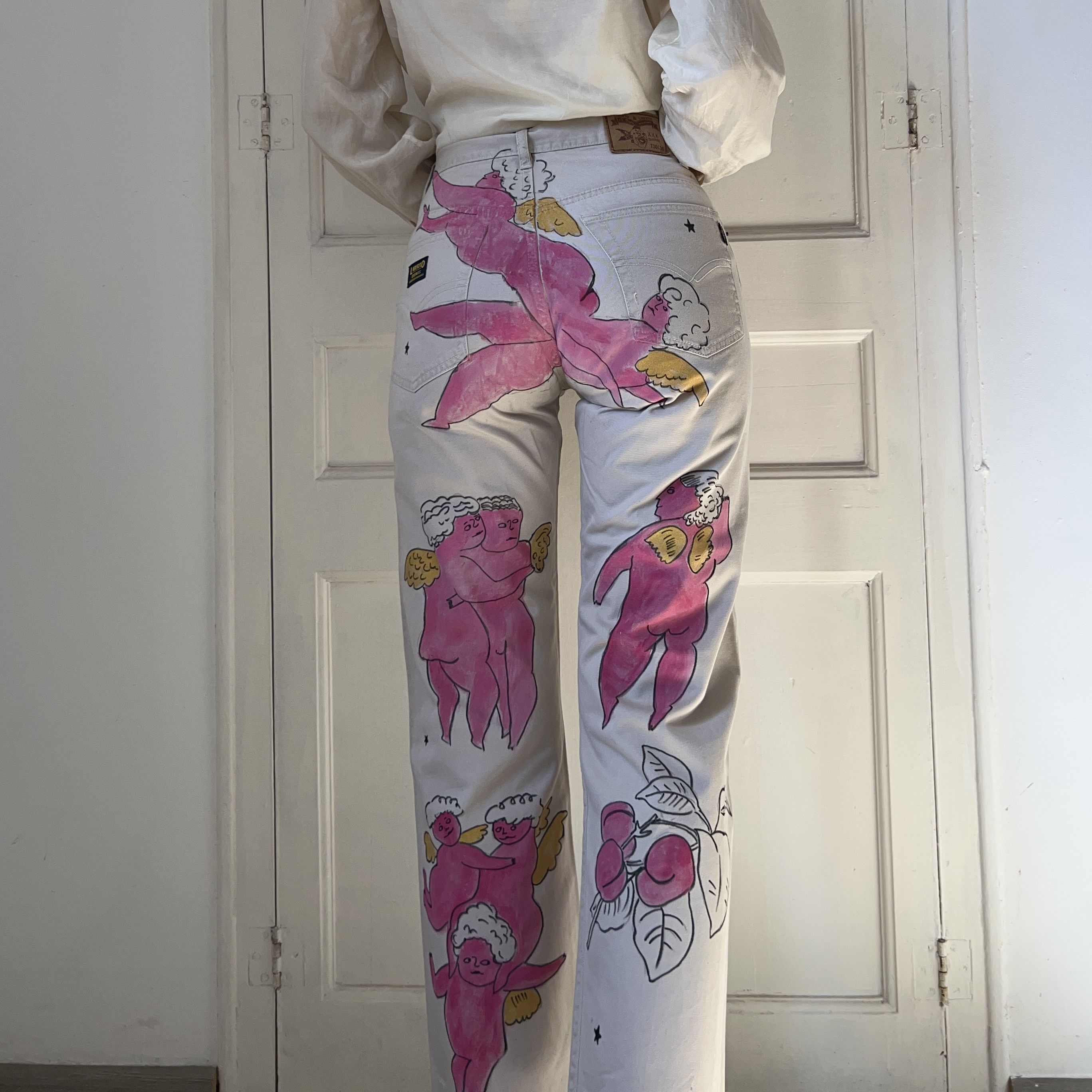 Custommade Hand-Painted Angels Cotton Trousers Size 30" / US 8 / IT 44 - 2 Thumbnail