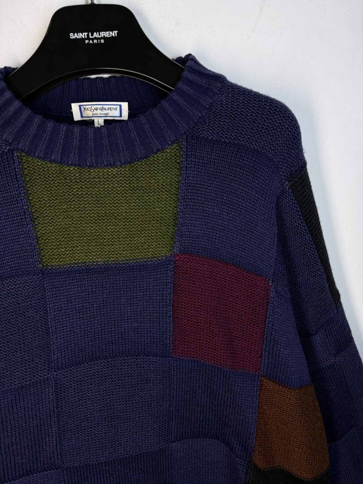Yves Saint Laurent 🇮🇹 90s Wool YSL Sweater Knit Patchwork Saint Laurent Paris Size US L / EU 52-54 / 3 - 2 Thumbnail
