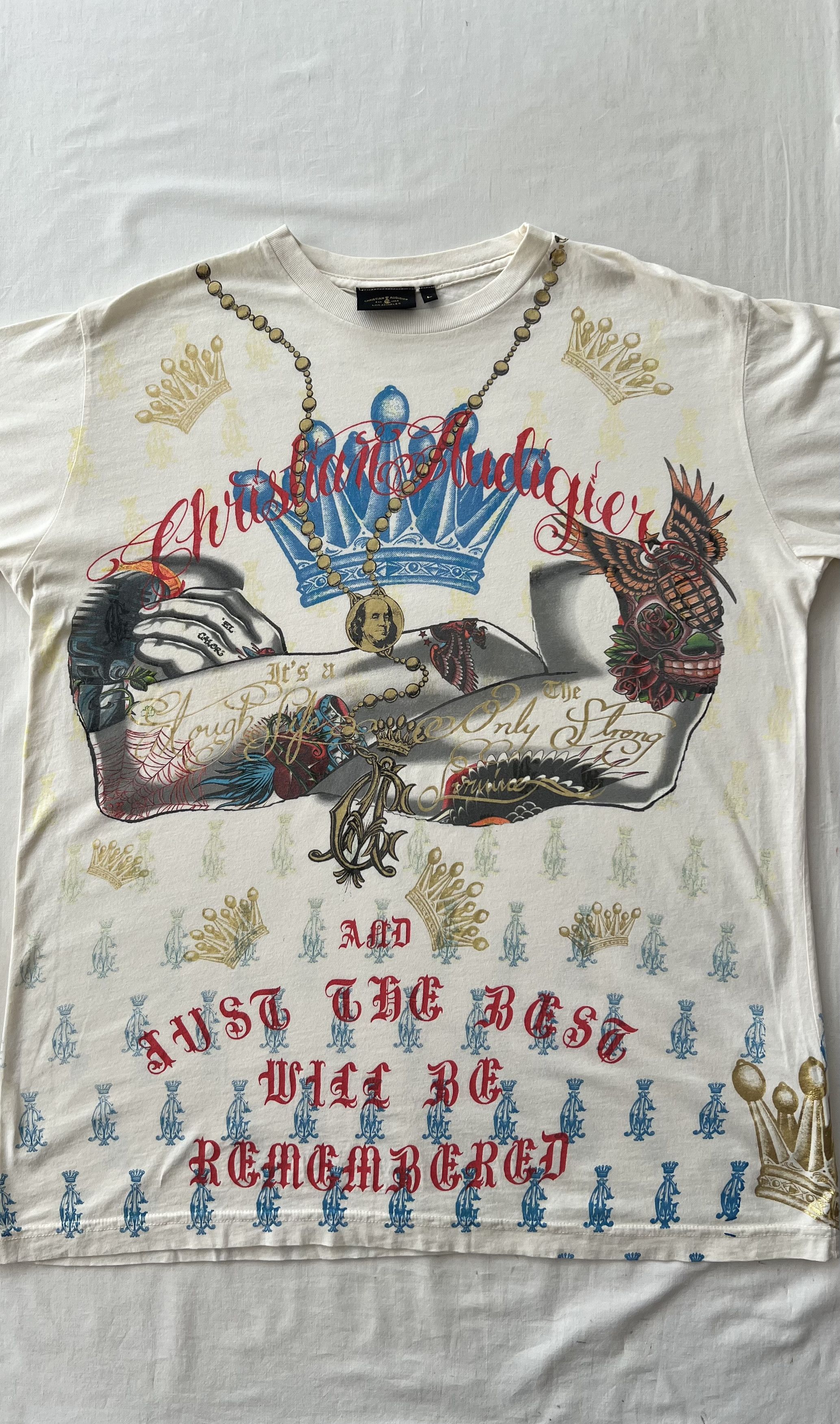 Christian Audigier Christian Audigier Ed Hardy Skull Hands Tattoo Y2k White Tee Size US L / EU 52-54 / 3 - 3 Thumbnail