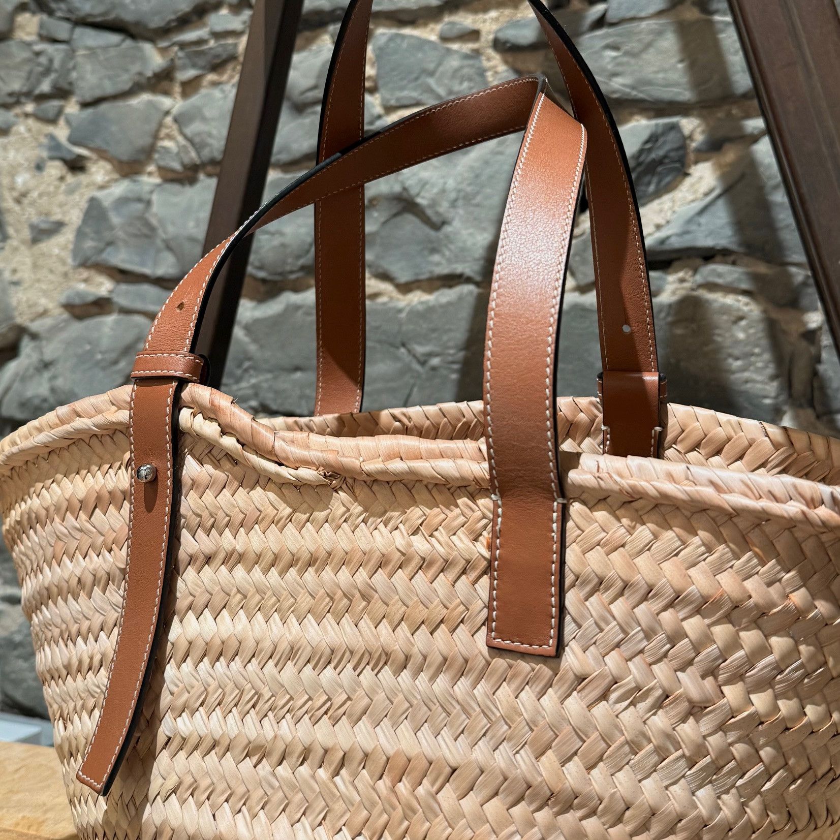 Loewe LOEWE Brown Leather Beige Raffia Medium Basket Tote Bag Size ONE SIZE - 12 Thumbnail