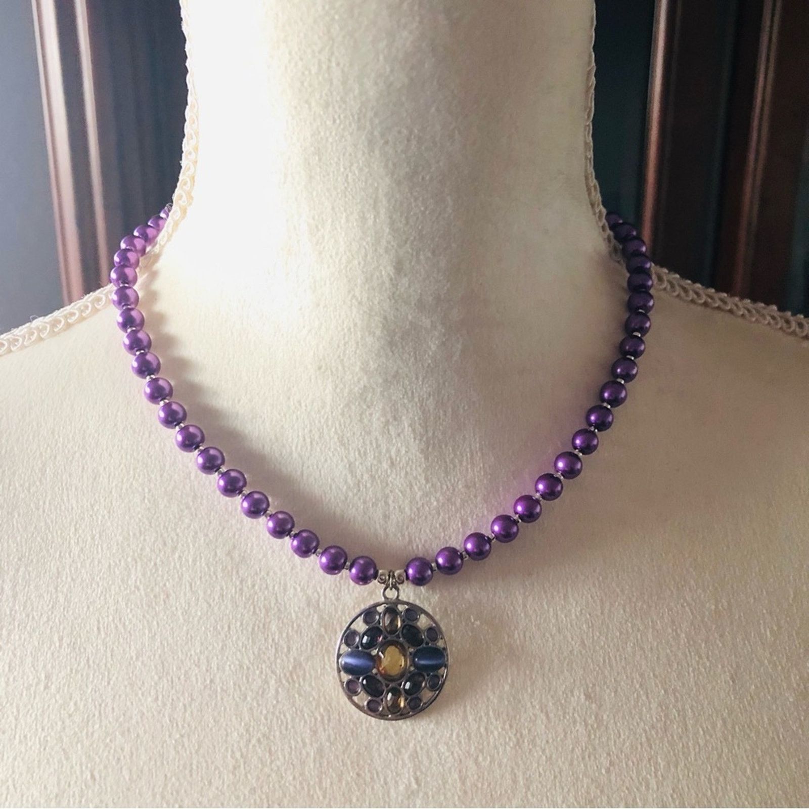 Handmade Handcrafted repurpose stone pendant Pearl necklace Size ONE SIZE - 2 Thumbnail