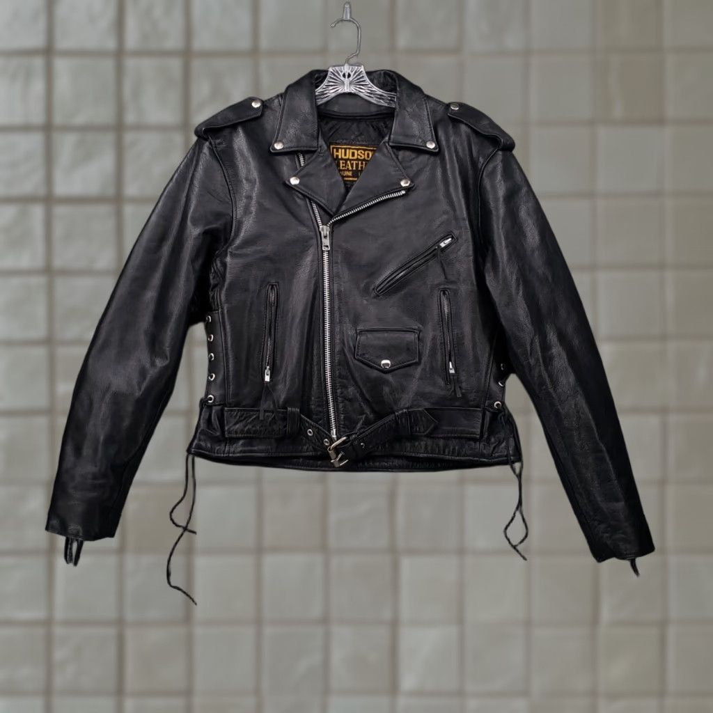 VINTAGE Hudson Leather Jacket Womens 44 Black Biker Full Zip