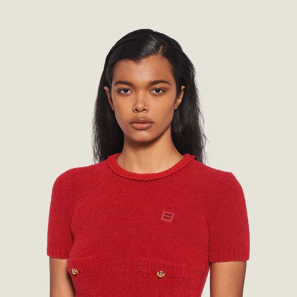 MIU MIU Red Knit Pull Over Short Sleeve Wool Sweater Top