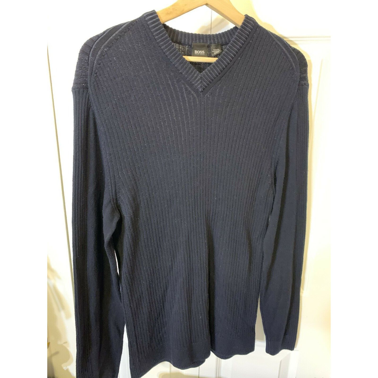 Hugo Boss Hugo Boss Midnight Blue Stripe V Neck Wool Sweater Size US M / EU 48-50 / 2 - 2 Thumbnail
